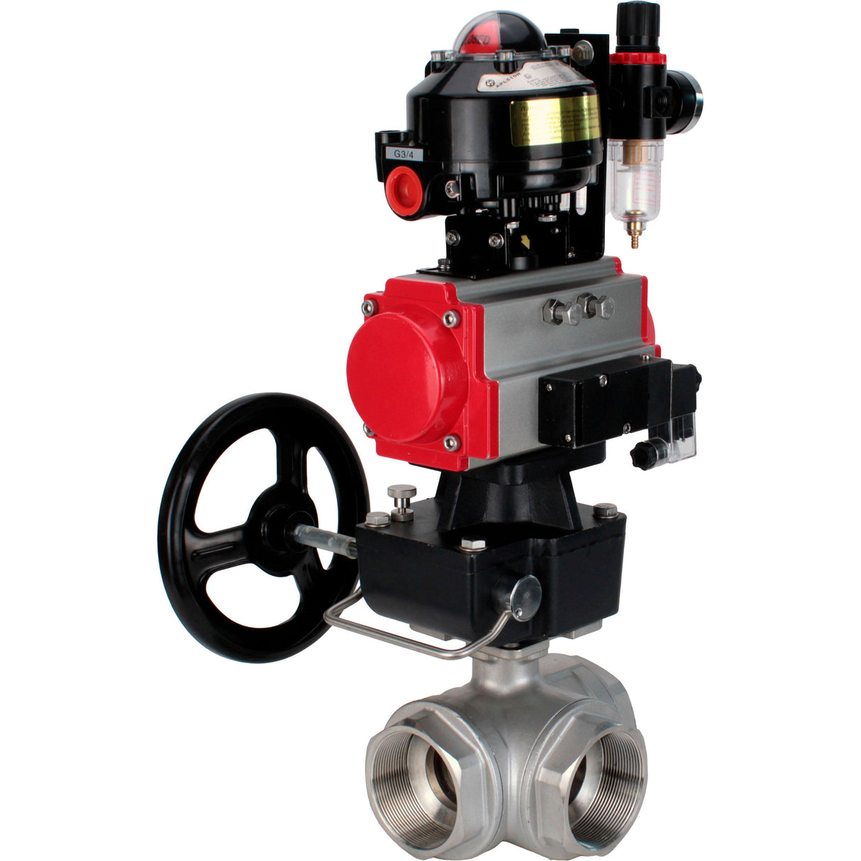 Ball valves Elephant BV3232P-SP-3L-T 3-way L-type, threaded, body - stainless steel SS316, seal - PTFE, with pneumatic drive PA-DA-052-083 pneumatic distributor 4M310-08 220V gearbox MON ATU AFC2000 LSU APL-510N-EX