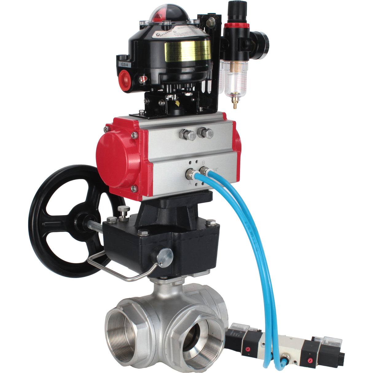Ball valves Elephant BV3232P-SP-3L-T 3-way L-type, threaded, body - stainless steel SS316, seal - PTFE, with pneumatic drive PA-DA-052-083 pneumatic distributor 4V320-08 gearbox MON ATU AFC2000 LSU APL-510N-EX