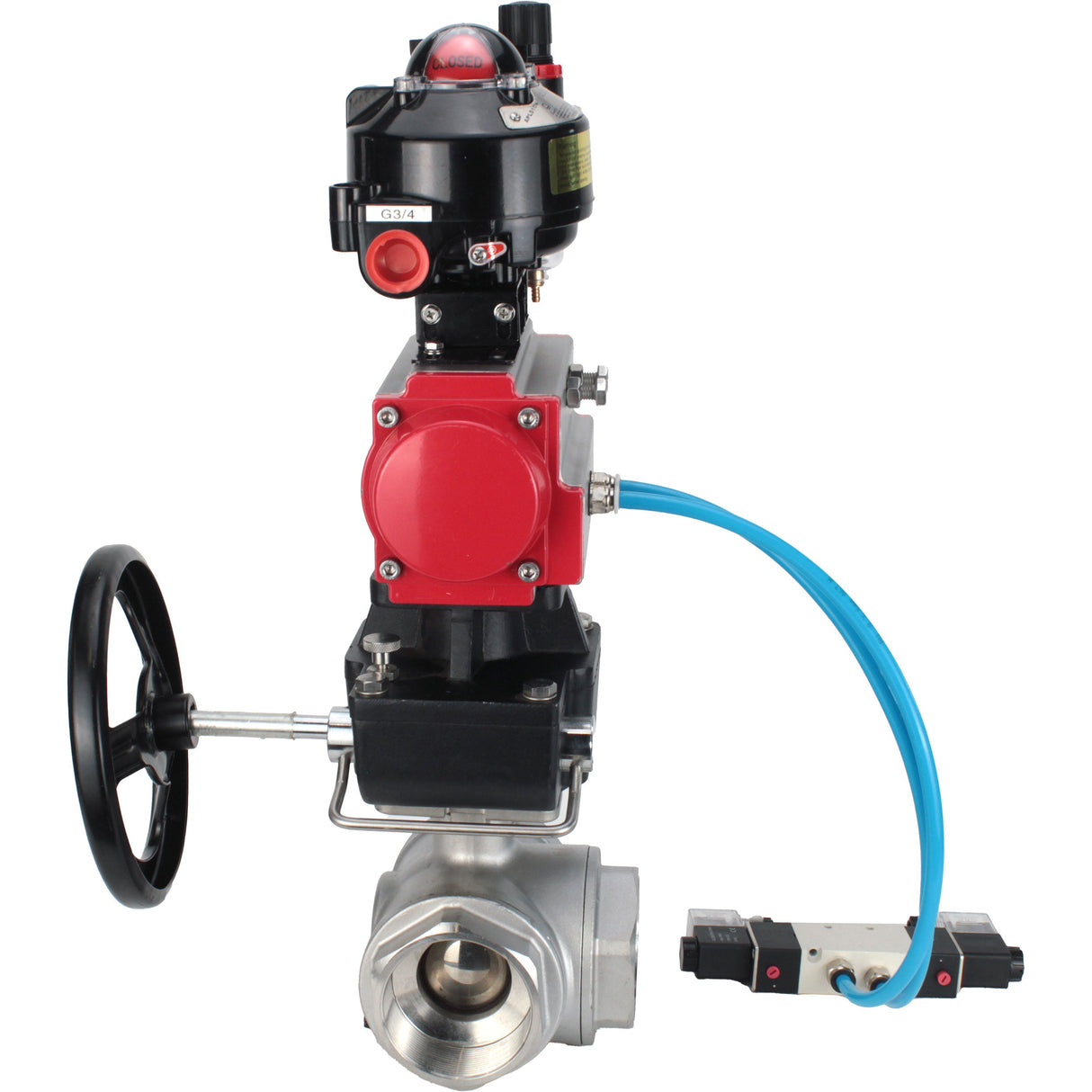 Ball valves Elephant BV3232P-SP-3L-T 3-way L-type, threaded, body - stainless steel SS316, seal - PTFE, with pneumatic drive PA-DA-052-083 pneumatic distributor 4V320-10 gearbox MON ATU AFC2000 LSU APL-510N-EX