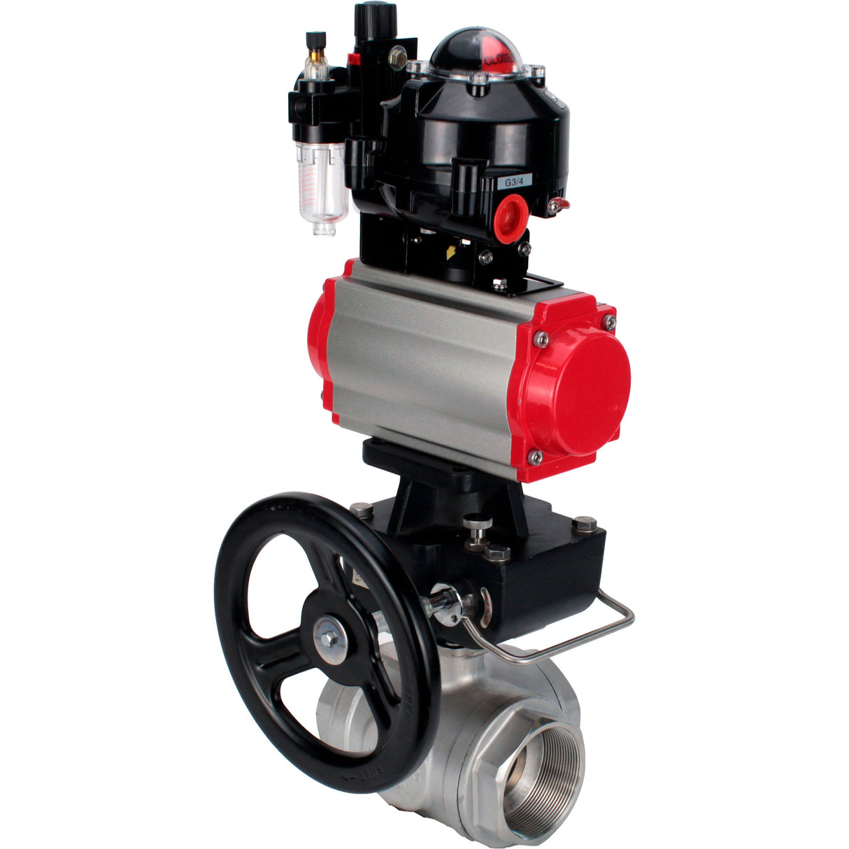 Ball valves Elephant BV3232P-SP-3L-T 3-way L-type, threaded, body - stainless steel SS316, seal - PTFE, with pneumatic drive PA-DA-052-083 pneumatic distributor 4M310-08 24V MON gearbox ATU AFC2000 LSU APL-510N-EX