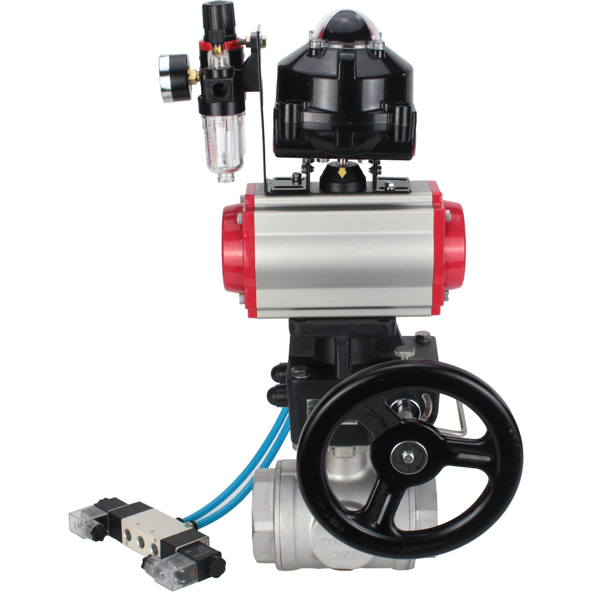 Ball valves Elephant BV3232P-SP-3L-T 3-way L-type, threaded, body - stainless steel SS316, seal - PTFE, with pneumatic drive PA-DA-052-083 pneumatic distributor 4V320-10 gearbox MON ATU AFC2000 LSU APL-510N-EX