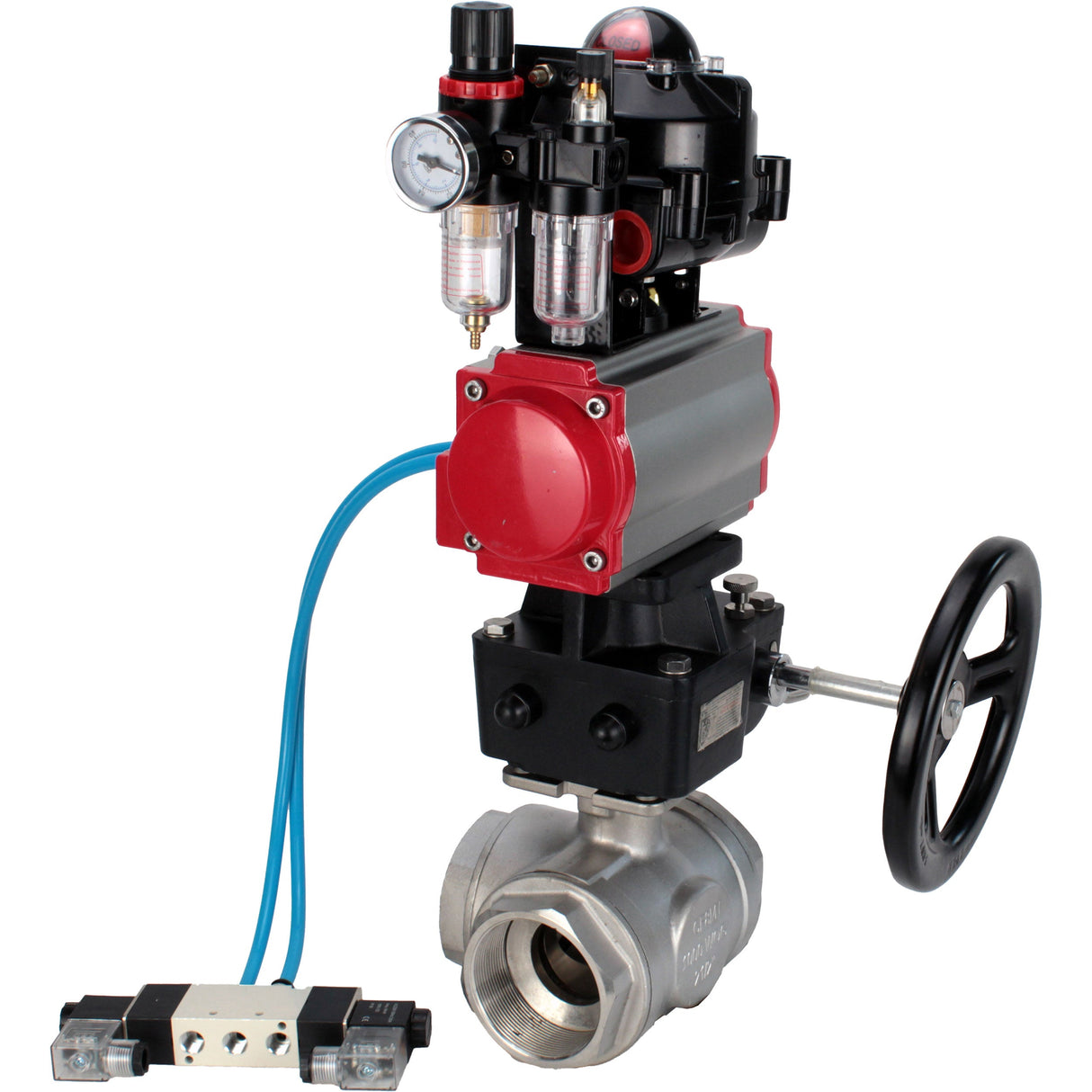 Ball valves Elephant BV3232P-SP-3L-T 3-way L-type, threaded, body - stainless steel SS316, seal - PTFE, with pneumatic drive PA-DA-052-083 pneumatic distributor 4V320-08 gearbox MON ATU AFC2000 LSU APL-510N-EX