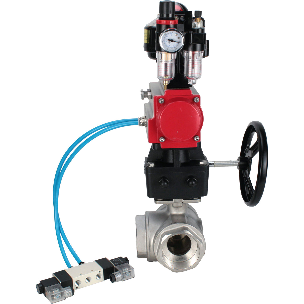 Ball valves Elephant BV3232P-SP-3L-T 3-way L-type, threaded, body - stainless steel SS316, seal - PTFE, with pneumatic drive PA-DA-052-083 pneumatic distributor 4V320-08 gearbox MON ATU AFC2000 LSU APL-510N-EX