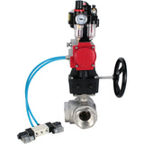 Ball valves Elephant BV3232P-SP-3L-T 3-way L-type, threaded, body - stainless steel SS316, seal - PTFE, with pneumatic drive PA-DA-052-083 pneumatic distributor 4V320-08 gearbox MON ATU AFC2000 LSU APL-510N-EX