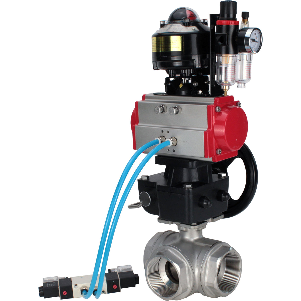 Ball valves Elephant BV3232P-SP-3L-T 3-way L-type, threaded, body - stainless steel SS316, seal - PTFE, with pneumatic drive PA-DA-052-083 pneumatic distributor 4V320-10 gearbox MON ATU AFC2000 LSU APL-510N-EX