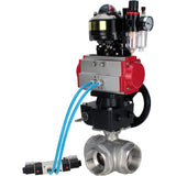 Ball valves Elephant BV3232P-SP-3L-T 3-way L-type, threaded, body - stainless steel SS316, seal - PTFE, with pneumatic drive PA-DA-052-083 pneumatic distributor 4V320-10 gearbox MON ATU AFC2000 LSU APL-510N-EX