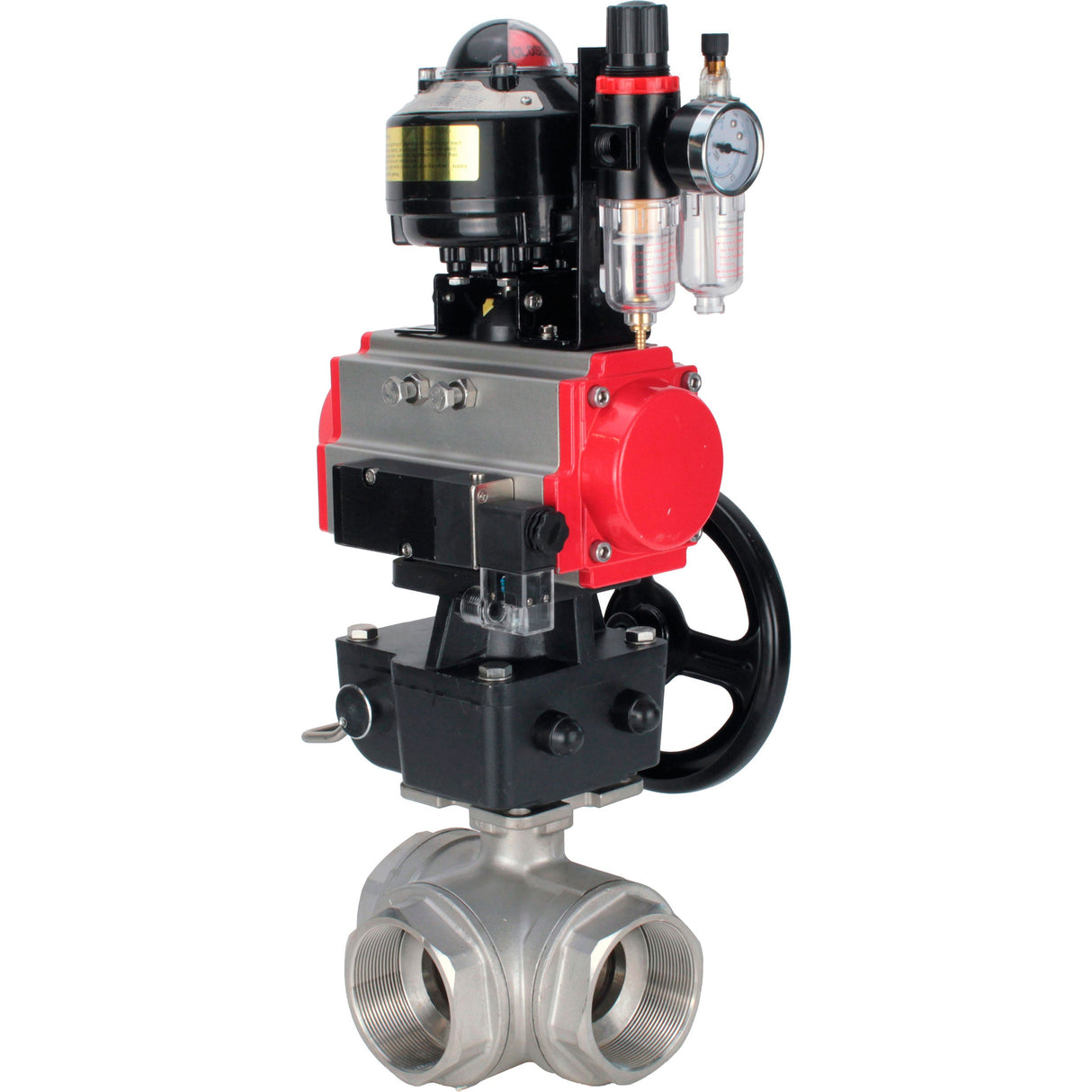 Ball valves Elephant BV3232P-SP-3L-T 3-way L-type, threaded, body - stainless steel SS316, seal - PTFE, with pneumatic drive PA-DA-052-083 pneumatic distributor 4M310-08 24V MON gearbox ATU AFC2000 LSU APL-510N-EX