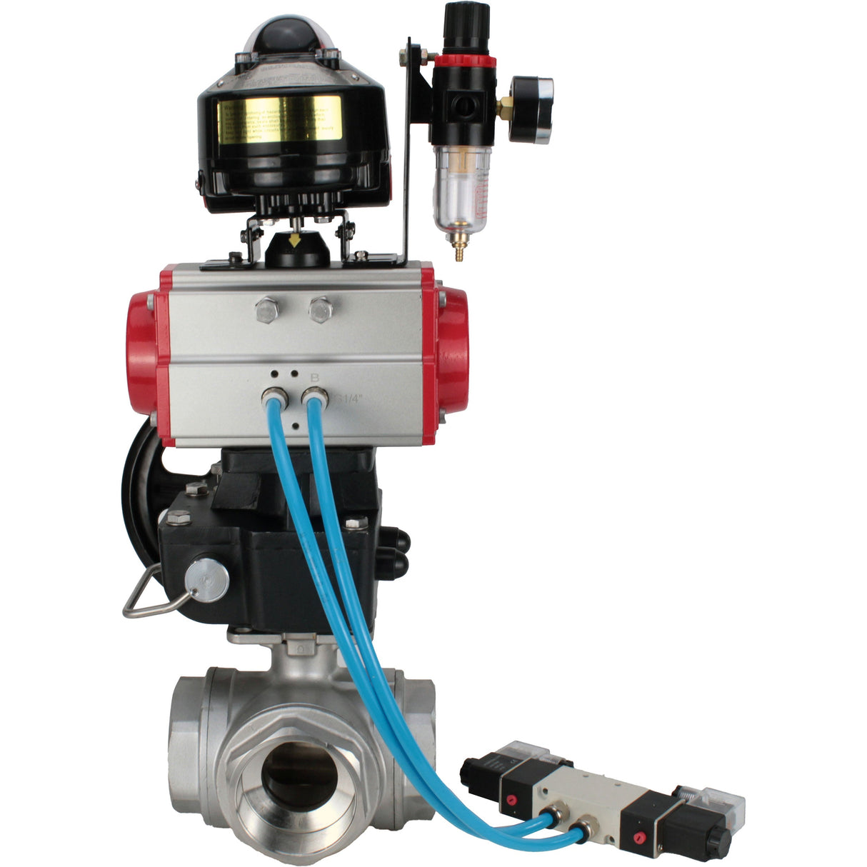 Ball valves Elephant BV3232P-SP-3L-T 3-way L-type, threaded, body - stainless steel SS316, seal - PTFE, with pneumatic drive PA-DA-052-083 pneumatic distributor 4V320-10 gearbox MON ATU AFC2000 LSU APL-510N-EX