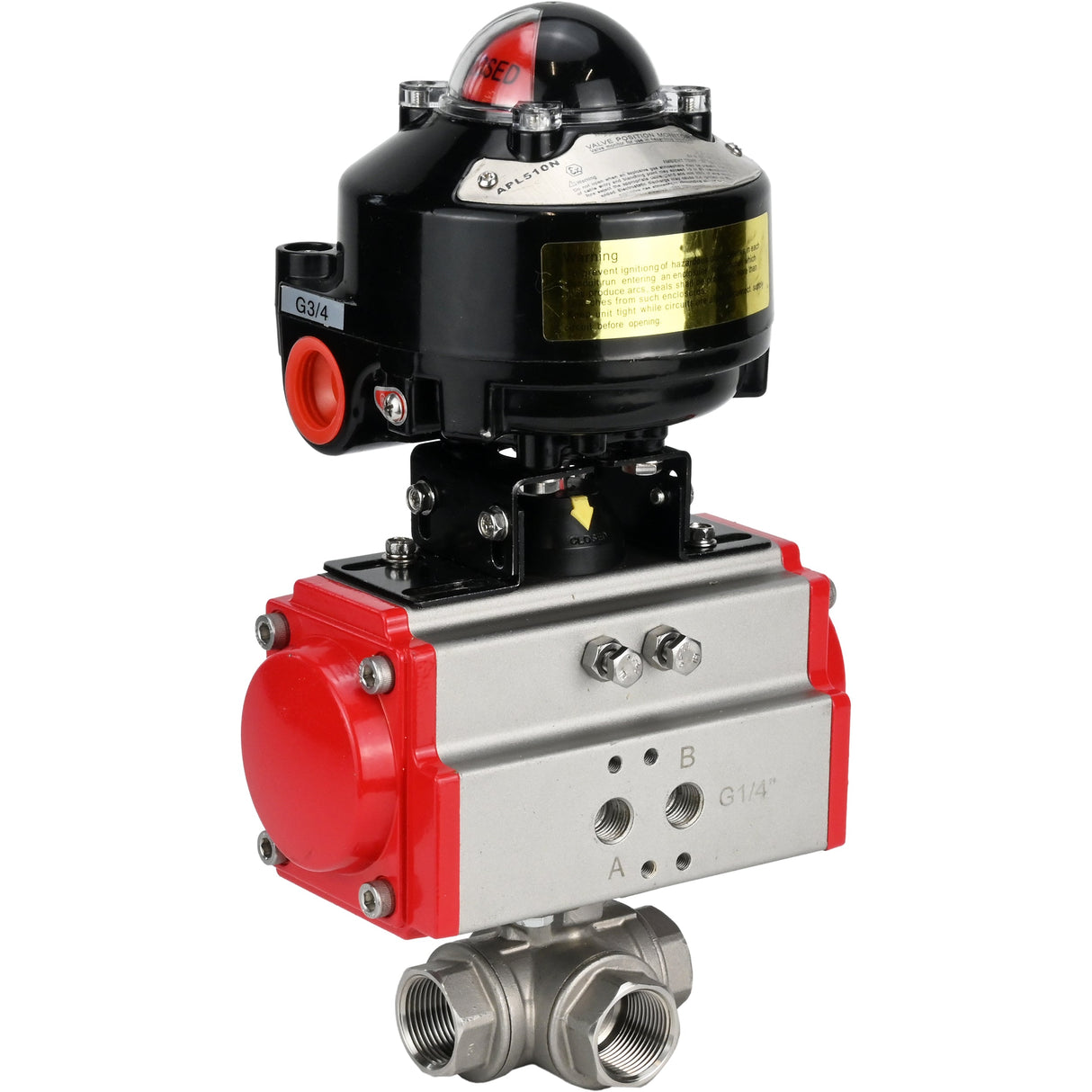 Ball valves Elephant BV3232P-SP-3L-T 3-way L-type, threaded, standard bore, body - stainless steel SS316, seal - PTFE, with pneumatic actuator Elephant PA-SA 052 -105 and LSU APL-510N-EX