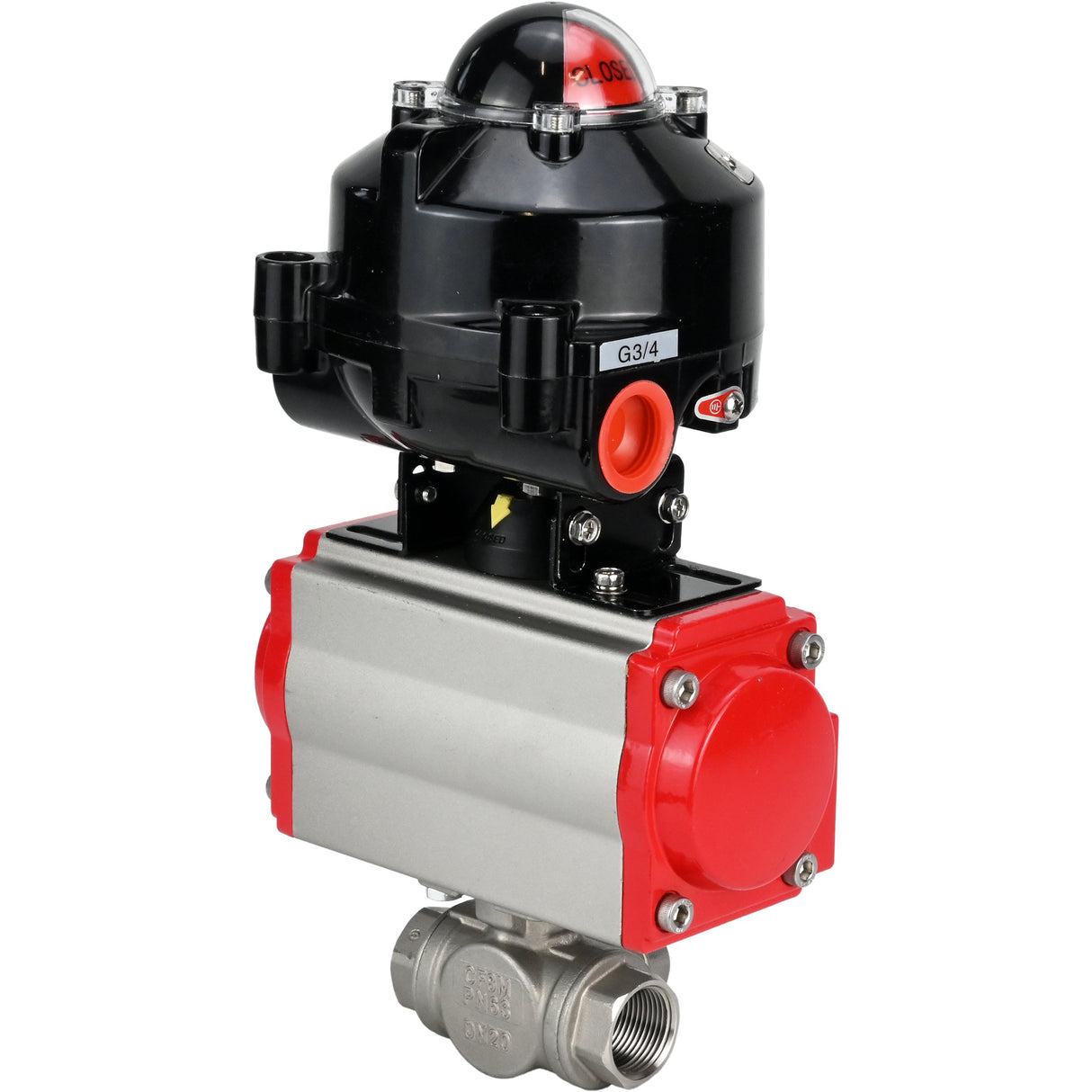Ball valves Elephant BV3232P-SP-3L-T 3-way L-type, threaded, standard bore, body - stainless steel SS316, seal - PTFE, with pneumatic actuator Elephant PA-SA 052 -105 and LSU APL-510N-EX