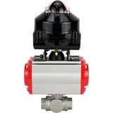 Ball valves Elephant BV3232P-SP-3L-T 3-way L-type, threaded, standard bore, body - stainless steel SS316, seal - PTFE, with pneumatic actuator Elephant PA-SA 052 -105 and LSU APL-510N-EX