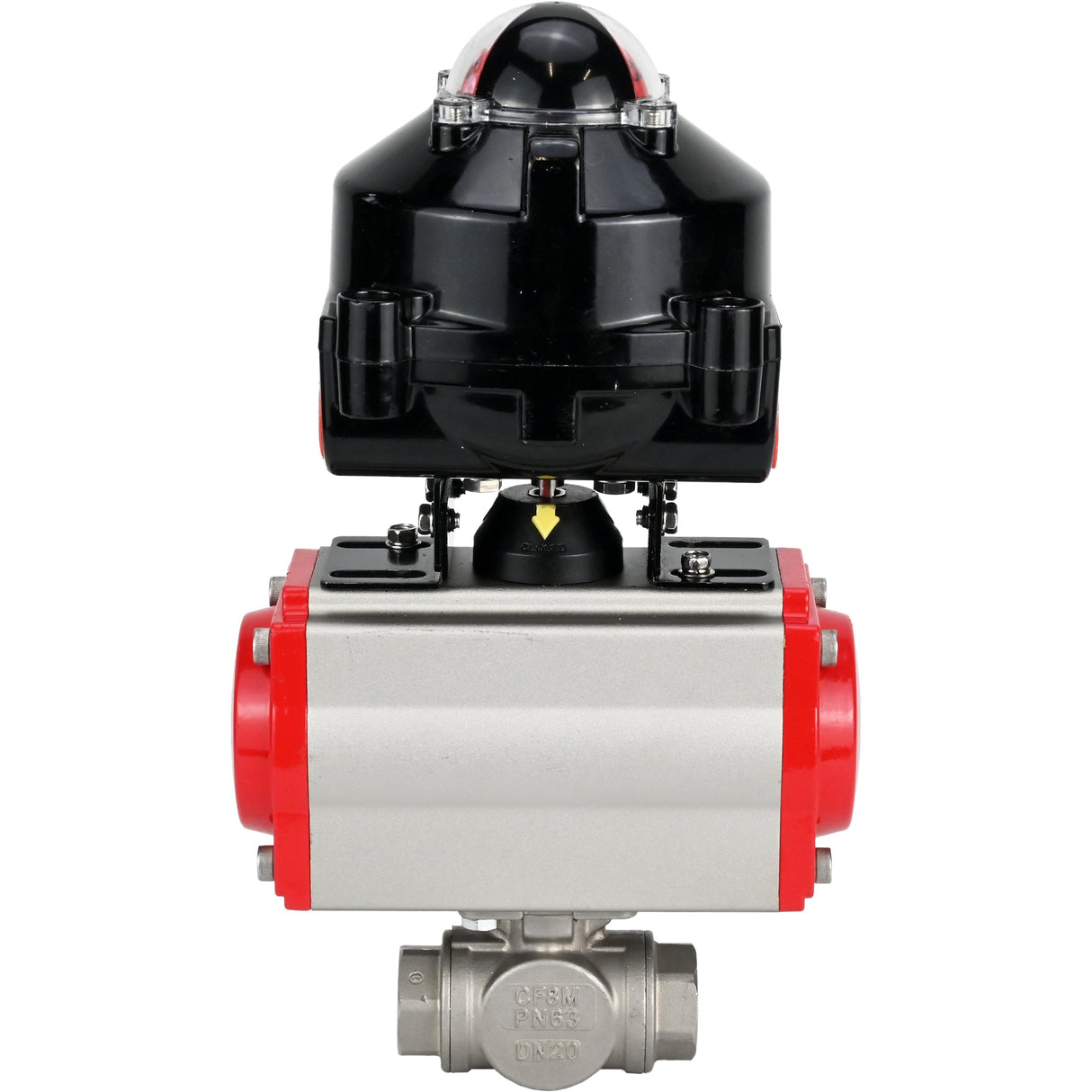 Ball valves Elephant BV3232P-SP-3L-T 3-way L-type, threaded, standard bore, body - stainless steel SS316, seal - PTFE, with pneumatic actuator Elephant PA-SA 052 -105 and LSU APL-510N-EX
