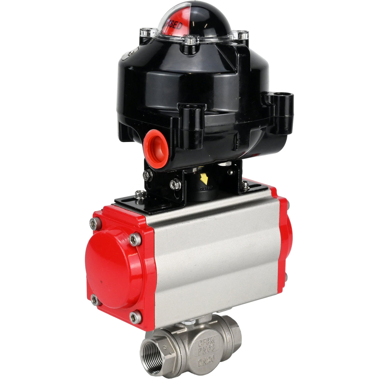 Ball valves Elephant BV3232P-SP-3L-T 3-way L-type, threaded, standard bore, body - stainless steel SS316, seal - PTFE, with pneumatic actuator Elephant PA-SA 052 -105 and LSU APL-510N-EX
