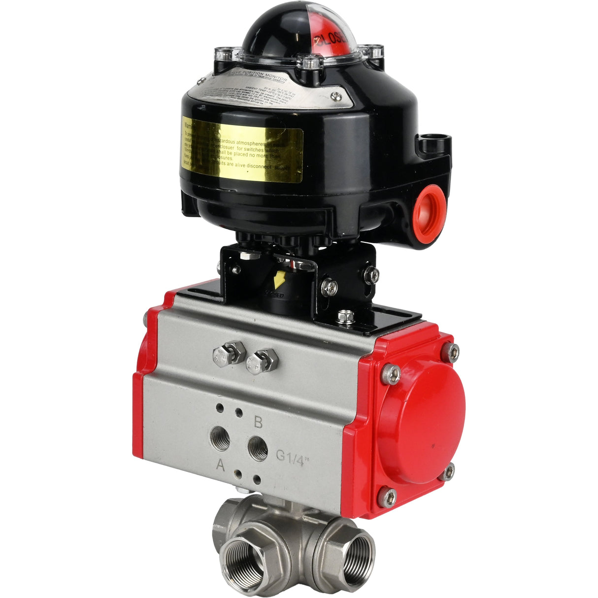 Ball valves Elephant BV3232P-SP-3L-T 3-way L-type, threaded, standard bore, body - stainless steel SS316, seal - PTFE, with pneumatic actuator Elephant PA-SA 052 -105 and LSU APL-510N-EX