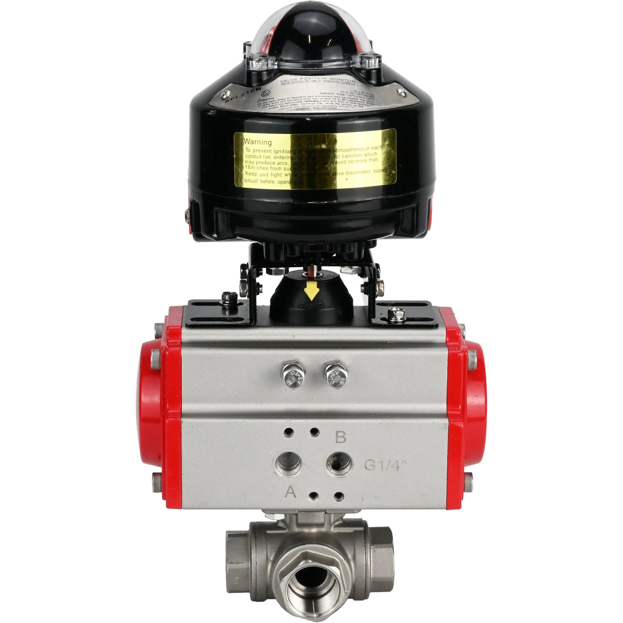 Ball valves Elephant BV3232P-SP-3L-T 3-way L-type, threaded, standard bore, body - stainless steel SS316, seal - PTFE, with pneumatic actuator Elephant PA-SA 052 -105 and LSU APL-510N-EX