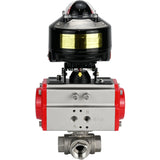 Ball valves Elephant BV3232P-SP-3L-T 3-way L-type, threaded, standard bore, body - stainless steel SS316, seal - PTFE, with pneumatic actuator Elephant PA-SA 052 -105 and LSU APL-510N-EX