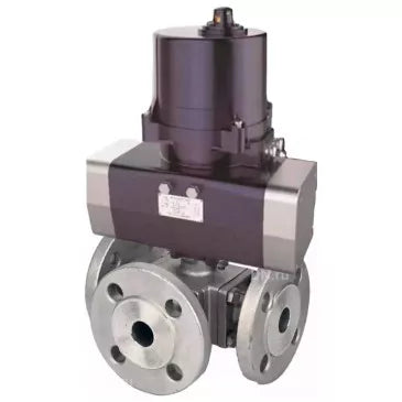 Ball valves Elephant BV3232P(4pc)-FP-3WL-F-ISO-H full bore, three-way, flanged, body - SS316 stainless steel, seal - PTFE, with electric quarter turn actuator Elephant QTSA-N-EM-O0-220VAC