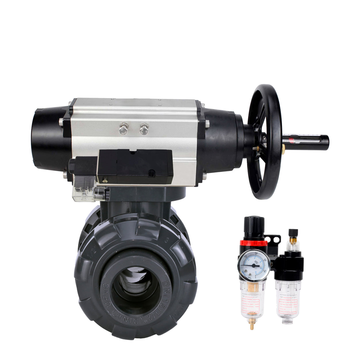 Ball valves Elephant BV4242E-FP-GRM-ISO, body material - UPVC, ball material - UPVC, seal - EPDM, with pneumatic actuator double action PA-DA-105-1, pneumatic distributor 4M310-08 24V and ATU AFC2000