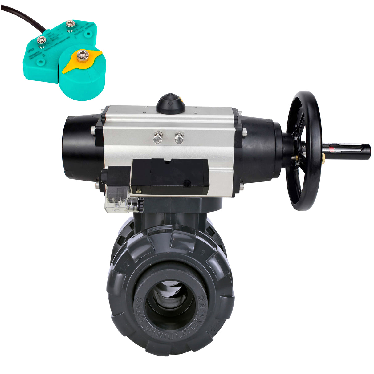 Ball valves Elephant BV4242E-FP-GRM-ISO, body material - UPVC, ball material - UPVC, seal - EPDM, with pneumatic actuator double action PA-DA-105-1, pneumatic distributor 4M310-08 24V and magnetic switch ALS200D