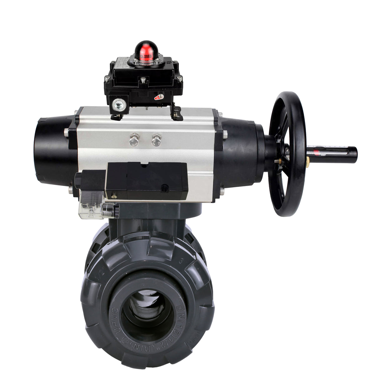 Ball valves Elephant BV4242E-FP-GRM-ISO, body material - UPVC, ball material - UPVC, seal - EPDM, with pneumatic actuator double action PA-DA-105-1, pneumatic distributor 4M310-08 24V and LSU APL-410N EX