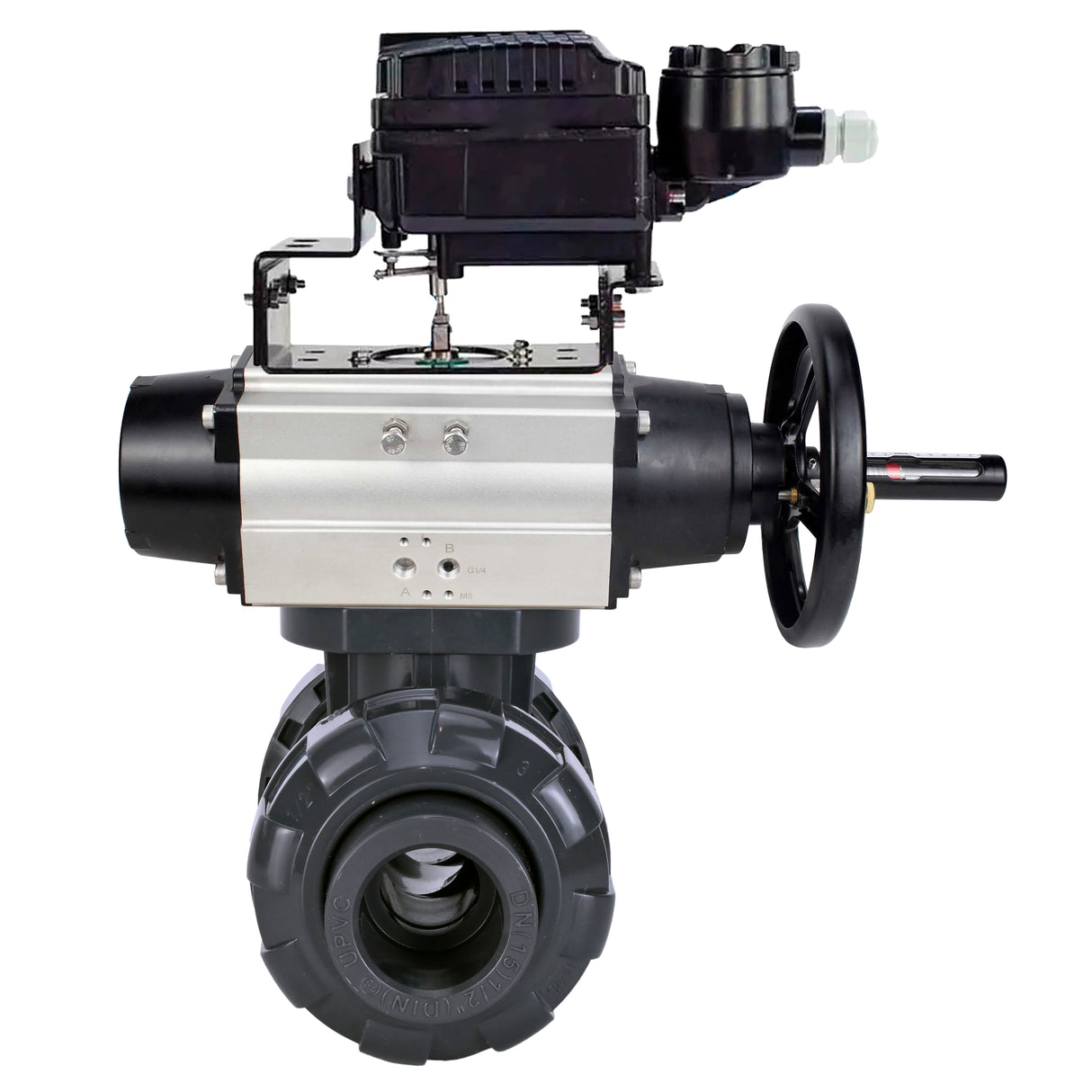 Ball valves Elephant BV4242E-FP-GRM-ISO, body material - UPVC, ball material - UPVC, seal - EPDM, with pneumatic actuator double action PA-DA-105-1 and electro-pneumatic rotary positioner YT-1000RSN with feedback
