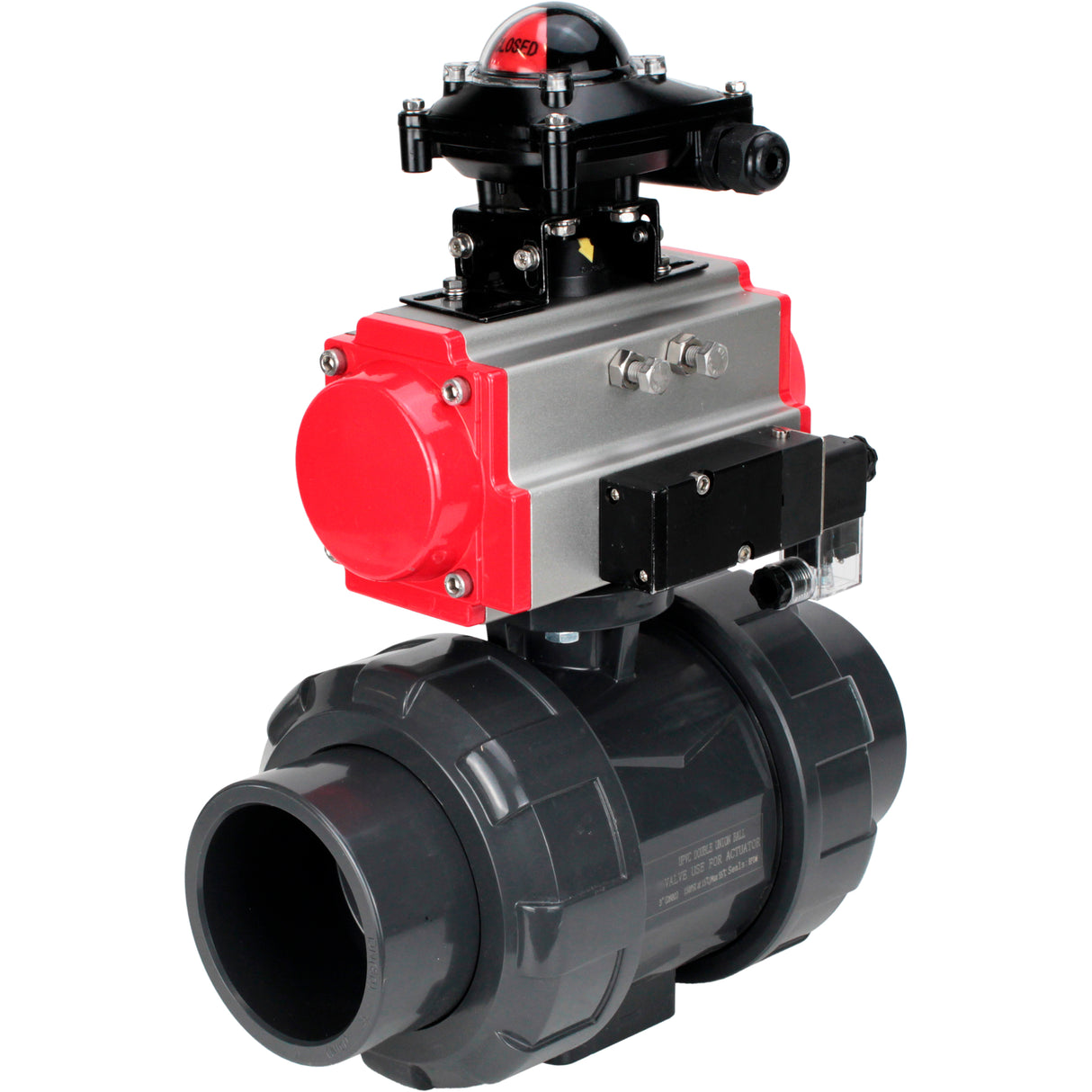Ball valves Elephant BV4242E-FP-GRM-ISO, body material - UPVC, ball material - UPVC, seal - EPDM, with pneumatic actuator double action PA-DA, pneumatic distributor 4M310-08 24V and LSU APL-210N