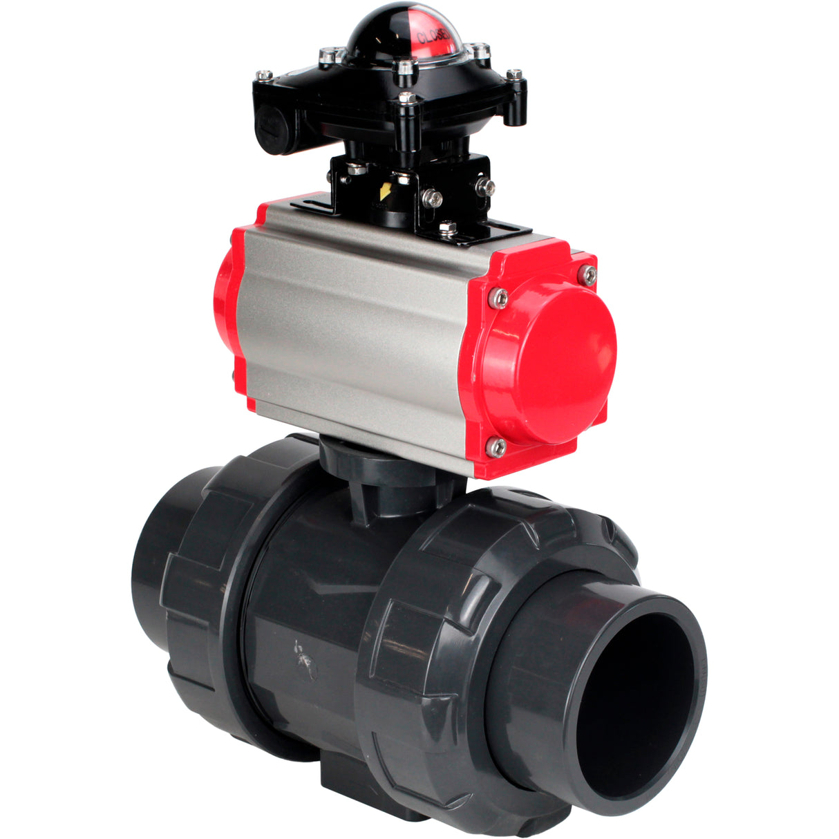 Ball valves Elephant BV4242E-FP-GRM-ISO, body material - UPVC, ball material - UPVC, seal - EPDM, with pneumatic actuator double action PA-DA, pneumatic distributor 4M310-08 24V and LSU APL-210N