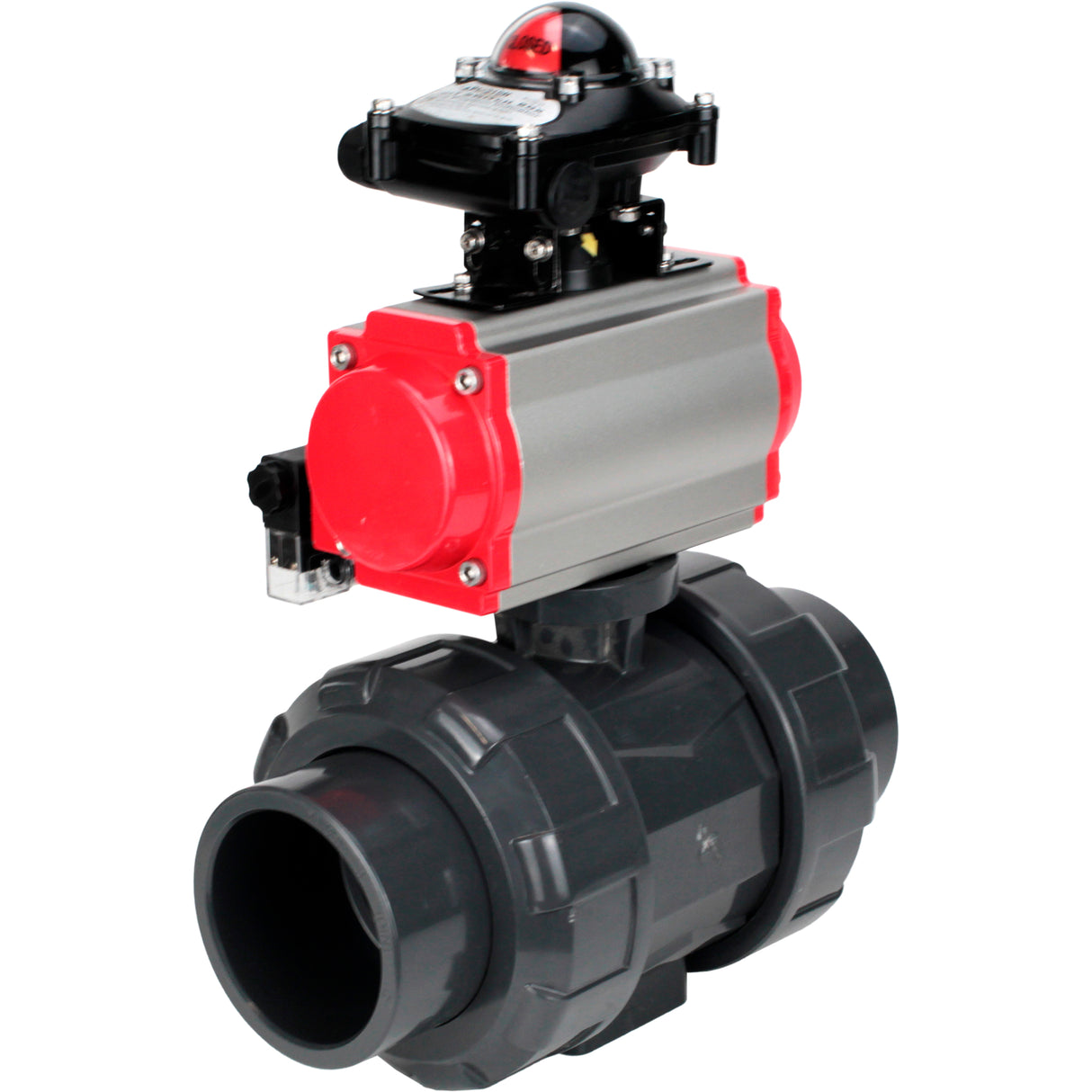 Ball valves Elephant BV4242E-FP-GRM-ISO, body material - UPVC, ball material - UPVC, seal - EPDM, with pneumatic actuator double action PA-DA, pneumatic distributor 4M310-08 24V and LSU APL-210N