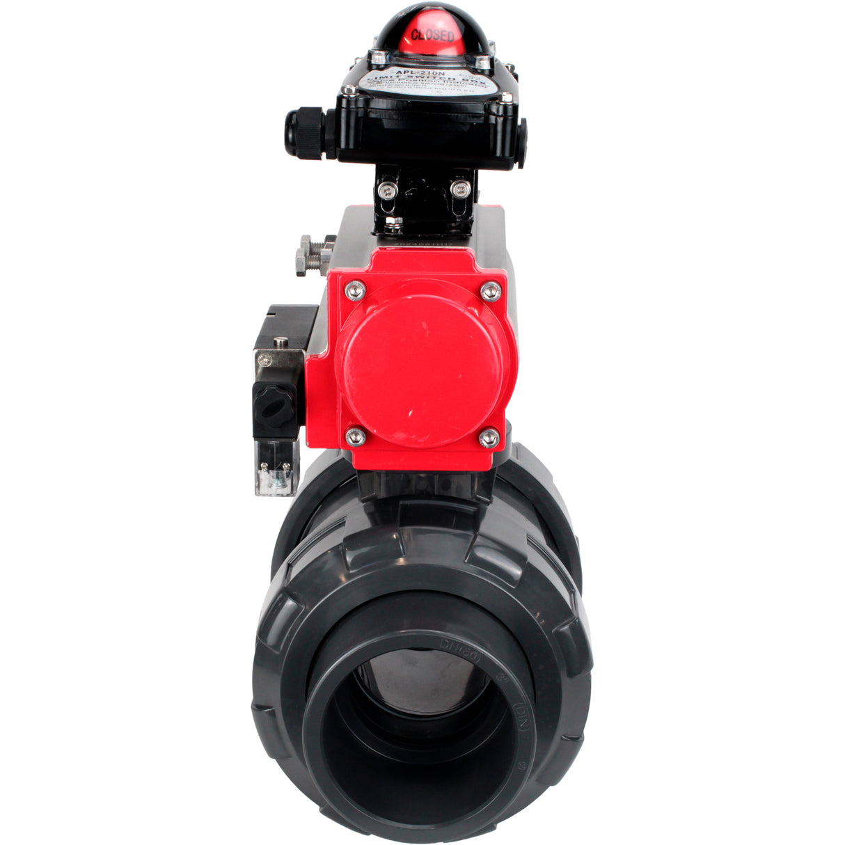 Ball valves Elephant BV4242E-FP-GRM-ISO, body material - UPVC, ball material - UPVC, seal - EPDM, with pneumatic actuator double action PA-DA, pneumatic distributor 4M310-08 24V and LSU APL-210N