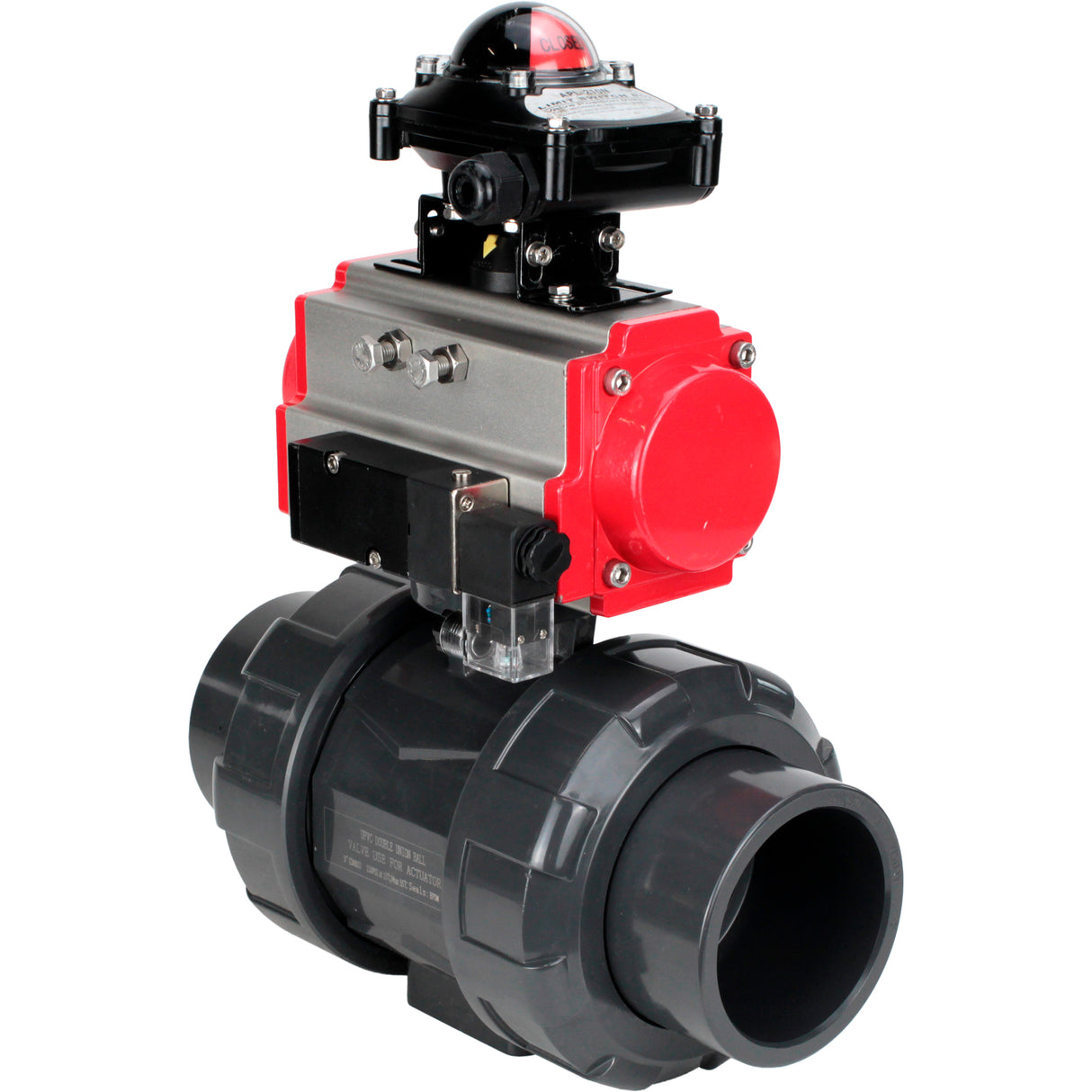 Ball valves Elephant BV4242E-FP-GRM-ISO, body material - UPVC, ball material - UPVC, seal - EPDM, with pneumatic actuator double action PA-DA, pneumatic distributor 4M310-08 24V and LSU APL-210N