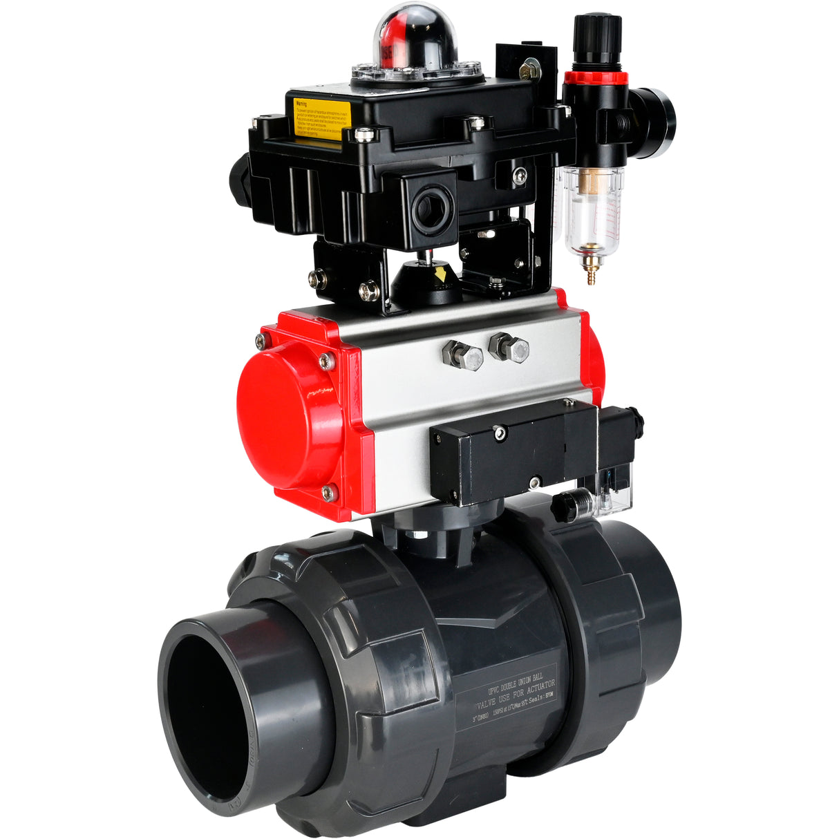 Ball valves Elephant BV4242E-FP-GRM-ISO, body material - UPVC, ball material - UPVC, seal - EPDM, with pneumatic actuator double action PA-DA, pneumatic distributor 4M310-08 24V, LSU APL-410N EX and ATU AFC2000