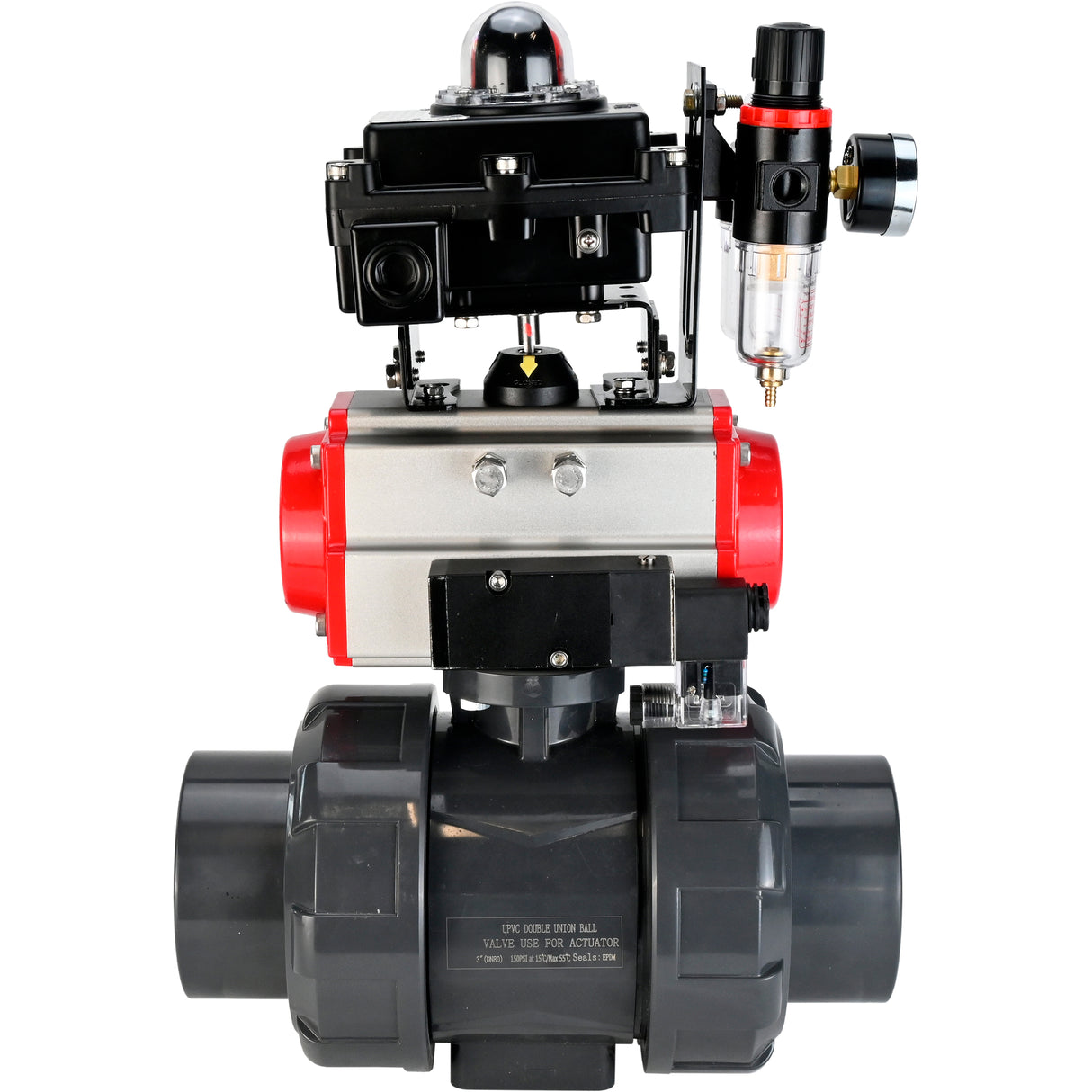 Ball valves Elephant BV4242E-FP-GRM-ISO, body material - UPVC, ball material - UPVC, seal - EPDM, with pneumatic actuator double action PA-DA, pneumatic distributor 4M310-08 24V, LSU APL-410N EX and ATU AFC2000