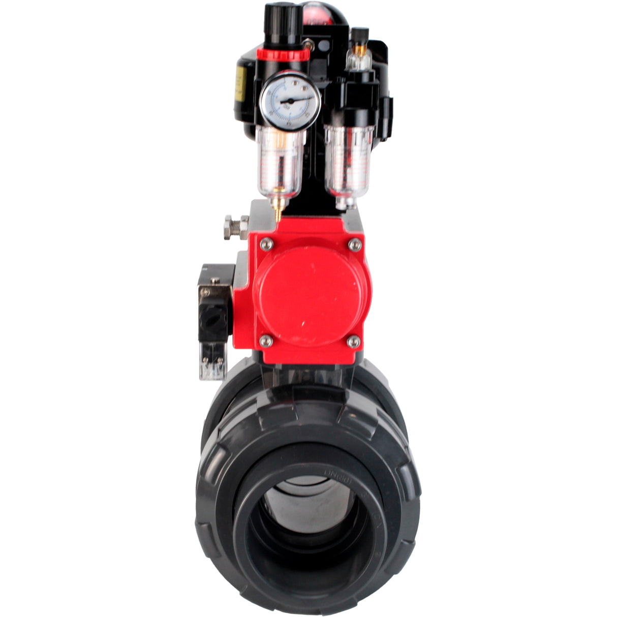 Ball valves Elephant BV4242E-FP-GRM-ISO, body material - UPVC, ball material - UPVC, seal - EPDM, with pneumatic actuator double action PA-DA, pneumatic distributor 4M310-08 220V, LSU APL-510N EX and ATU AFC2000