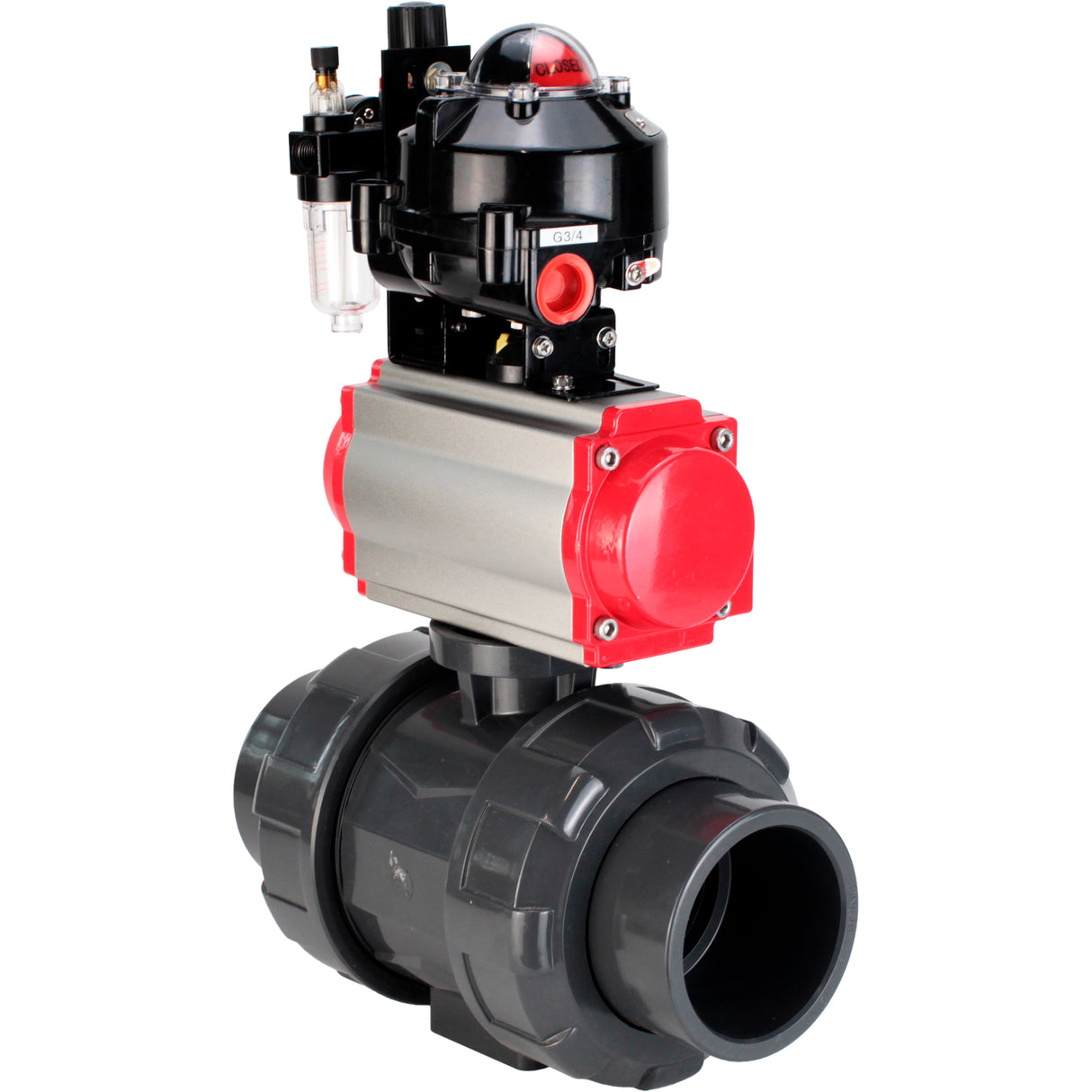 Ball valves Elephant BV4242E-FP-GRM-ISO, body material - UPVC, ball material - UPVC, seal - EPDM, with pneumatic actuator double action PA-DA, pneumatic distributor 4M310-08 220V, LSU APL-510N EX and ATU AFC2000