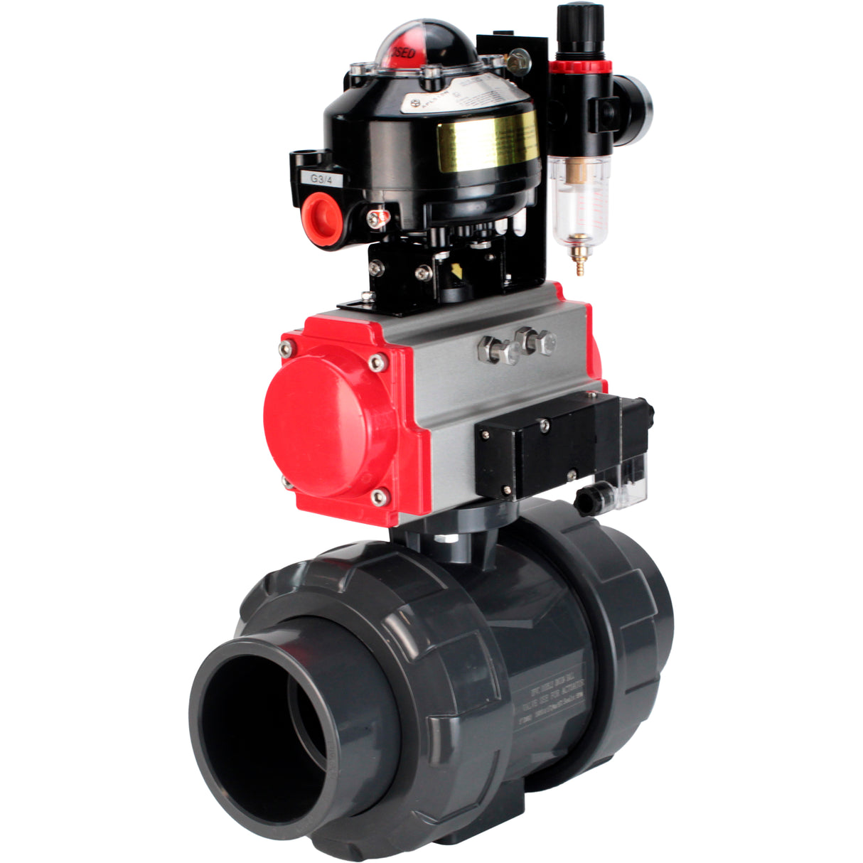 Ball valves Elephant BV4242E-FP-GRM-ISO, body material - UPVC, ball material - UPVC, seal - EPDM, with pneumatic actuator double action PA-DA, pneumatic distributor 4M310-08 220V, LSU APL-510N EX and ATU AFC2000