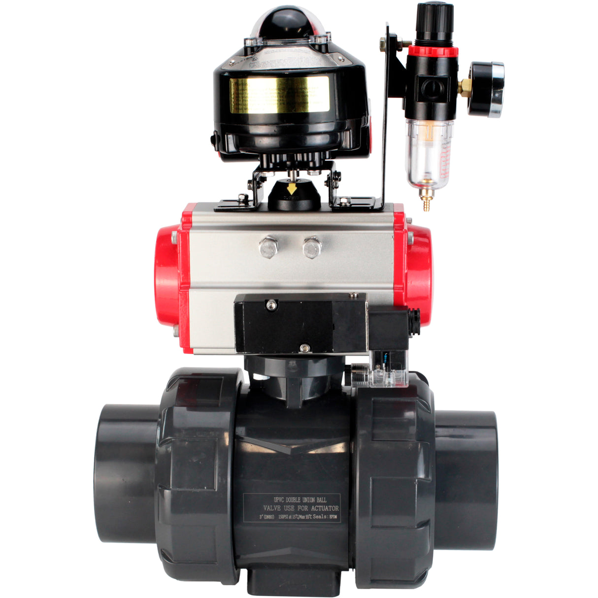 Ball valves Elephant BV4242E-FP-GRM-ISO, body material - UPVC, ball material - UPVC, seal - EPDM, with pneumatic actuator double action PA-DA, pneumatic distributor 4M310-08 220V, LSU APL-510N EX and ATU AFC2000