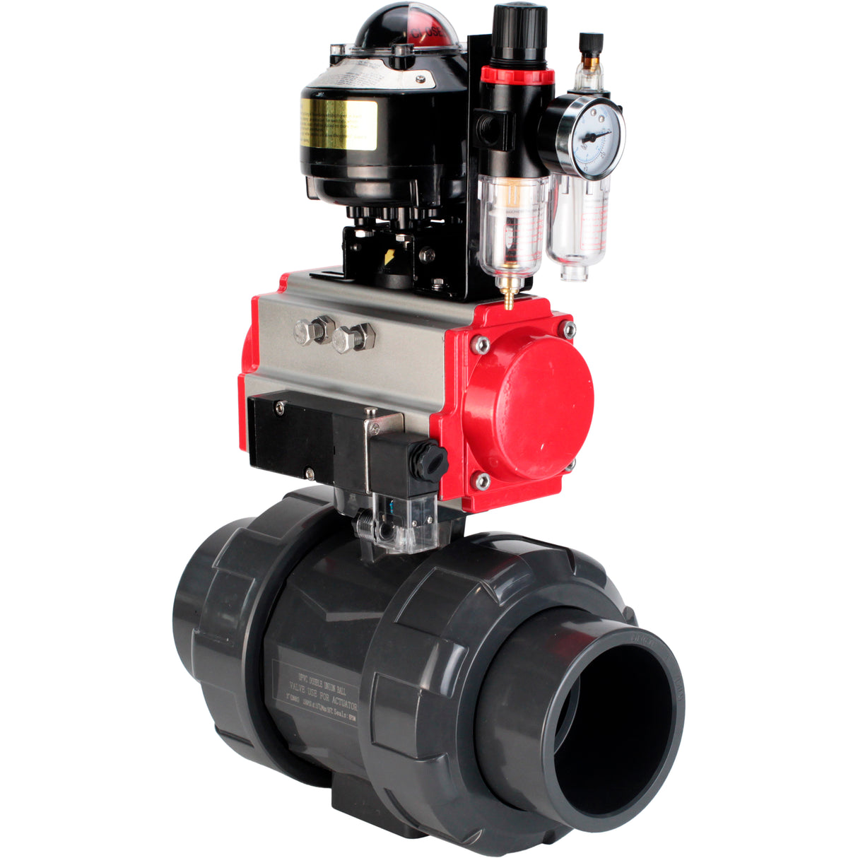 Ball valves Elephant BV4242E-FP-GRM-ISO, body material - UPVC, ball material - UPVC, seal - EPDM, with pneumatic actuator double action PA-DA, pneumatic distributor 4M310-08 24V, LSU APL-510N EX and ATU AFC2000