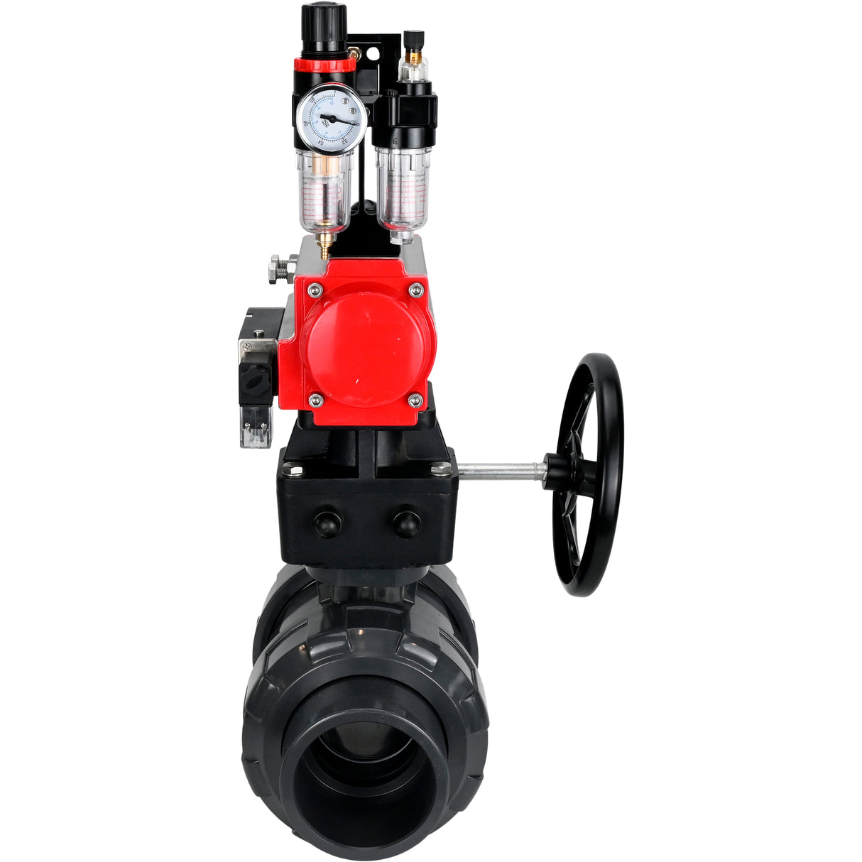 Ball valves Elephant BV4242E-FP-GRM-ISO, body material - UPVC, ball material - UPVC, seal - EPDM, with pneumatic actuator double action PA-DA, pneumatic distributor 4M310-08 24V, ATU AFC2000 and handwheel MON