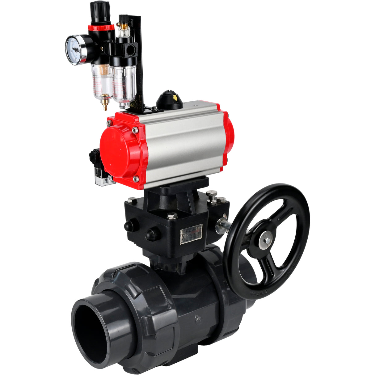 Ball valves Elephant BV4242E-FP-GRM-ISO, body material - UPVC, ball material - UPVC, seal - EPDM, with pneumatic actuator double action PA-DA, pneumatic distributor 4M310-08 24V, ATU AFC2000 and handwheel MON