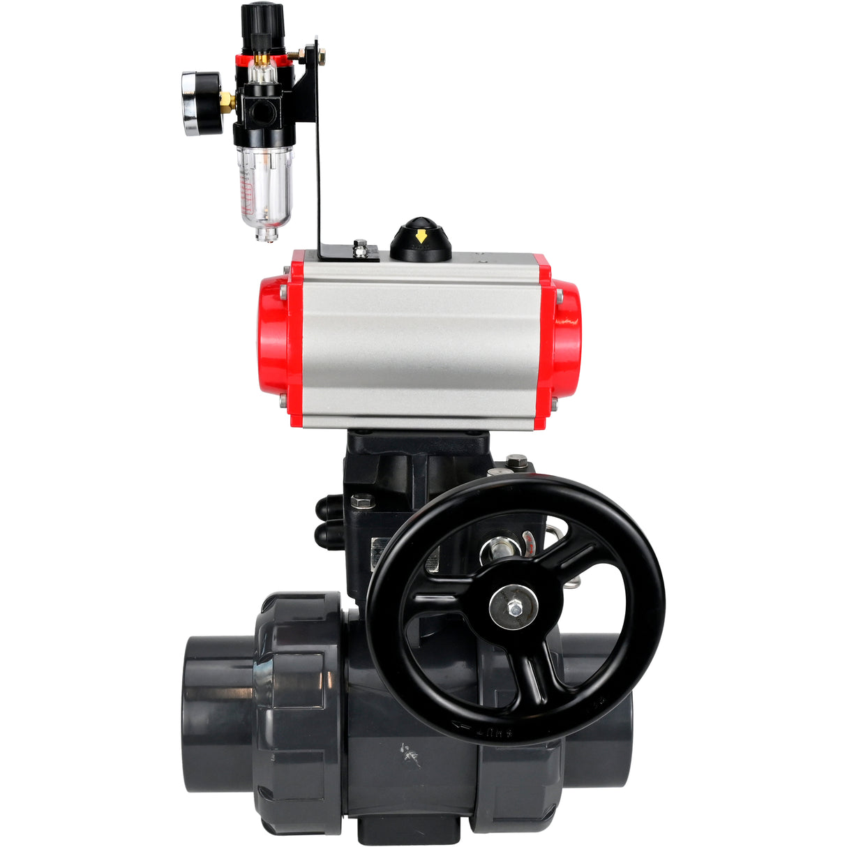 Ball valves Elephant BV4242E-FP-GRM-ISO, body material - UPVC, ball material - UPVC, seal - EPDM, with pneumatic actuator double action PA-DA, pneumatic distributor 4M310-08 24V, ATU AFC2000 and handwheel MON