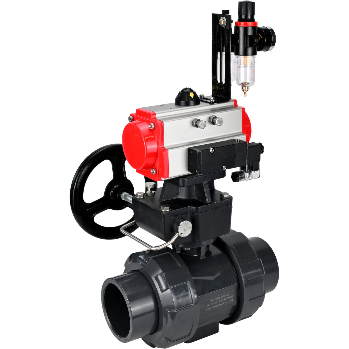 Ball valves Elephant BV4242E-FP-GRM-ISO, body material - UPVC, ball material - UPVC, seal - EPDM, with pneumatic actuator double action PA-DA, pneumatic distributor 4M310-08 24V, ATU AFC2000 and handwheel MON
