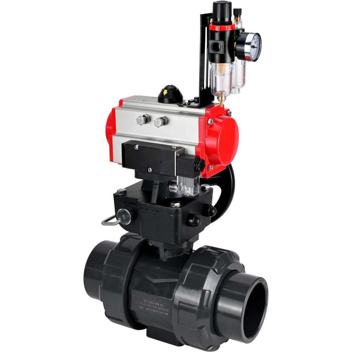 Ball valves Elephant BV4242E-FP-GRM-ISO, body material - UPVC, ball material - UPVC, seal - EPDM, with pneumatic actuator double action PA-DA, pneumatic distributor 4M310-08 24V, ATU AFC2000 and handwheel MON