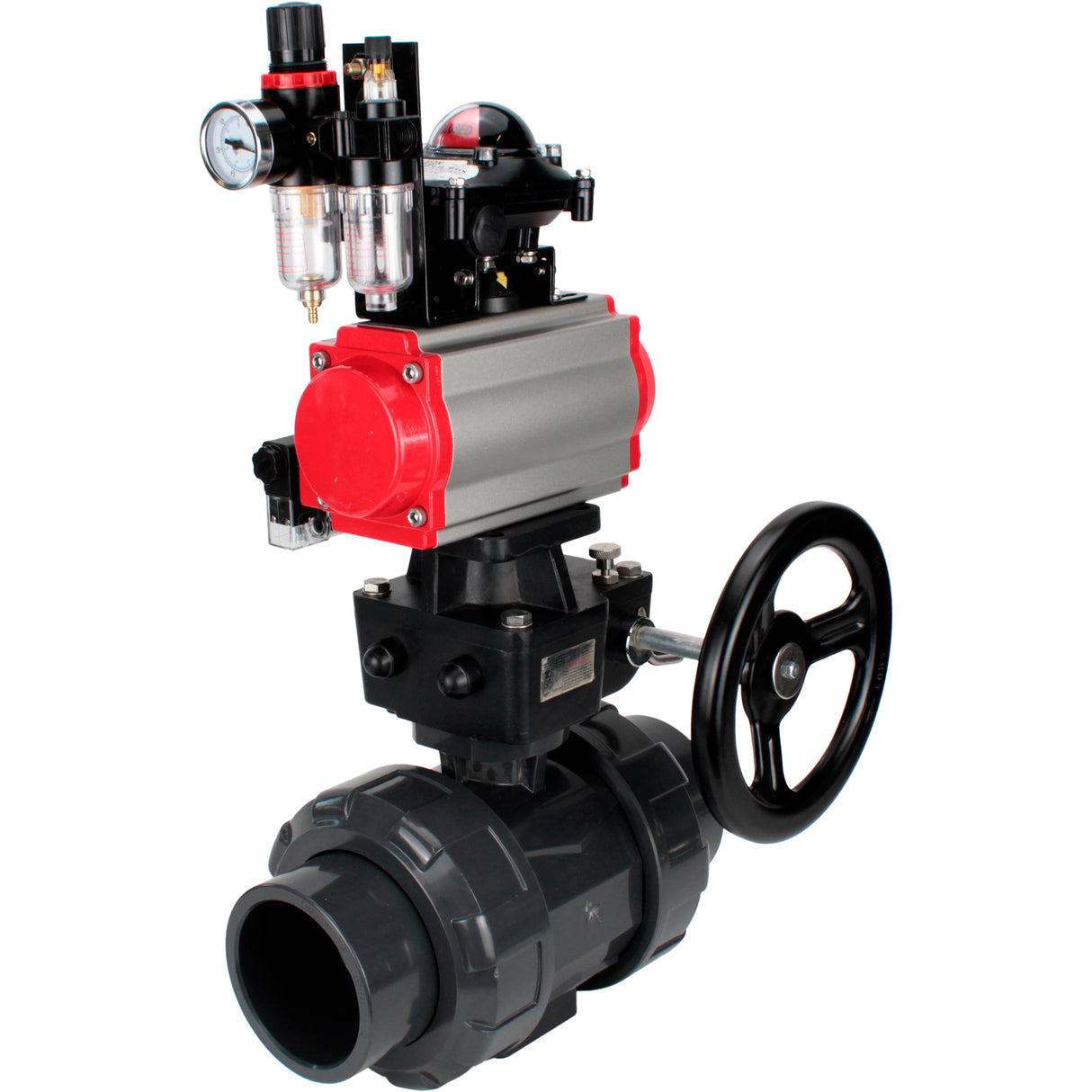 Ball valves Elephant BV4242E-FP-GRM-ISO, body material - UPVC, ball material - UPVC, seal - EPDM, with pneumatic actuator double action PA-DA, pneumatic distributor 4M310-08 24V, LSU APL-210N, ATU AFC2000 and handwheel MON