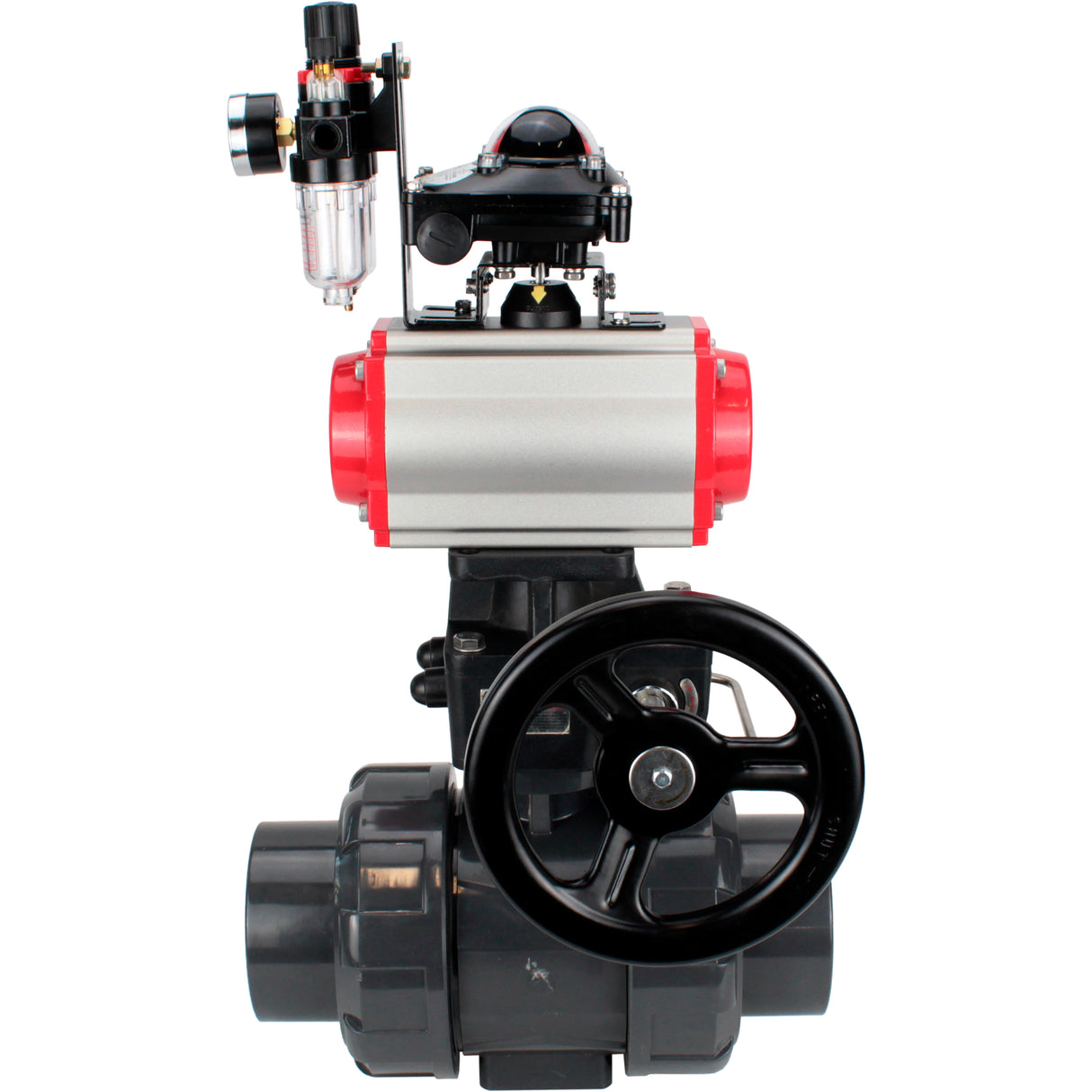 Ball valves Elephant BV4242E-FP-GRM-ISO, body material - UPVC, ball material - UPVC, seal - EPDM, with pneumatic actuator double action PA-DA, pneumatic distributor 4M310-08 24V, LSU APL-210N, ATU AFC2000 and handwheel MON
