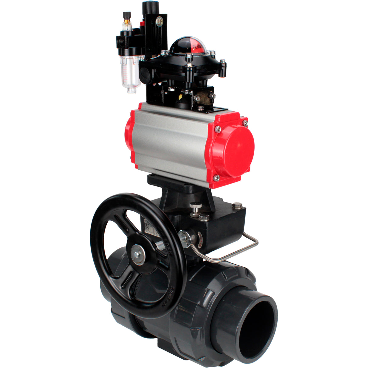 Ball valves Elephant BV4242E-FP-GRM-ISO, body material - UPVC, ball material - UPVC, seal - EPDM, with pneumatic actuator double action PA-DA, pneumatic distributor 4M310-08 24V, LSU APL-210N, ATU AFC2000 and handwheel MON