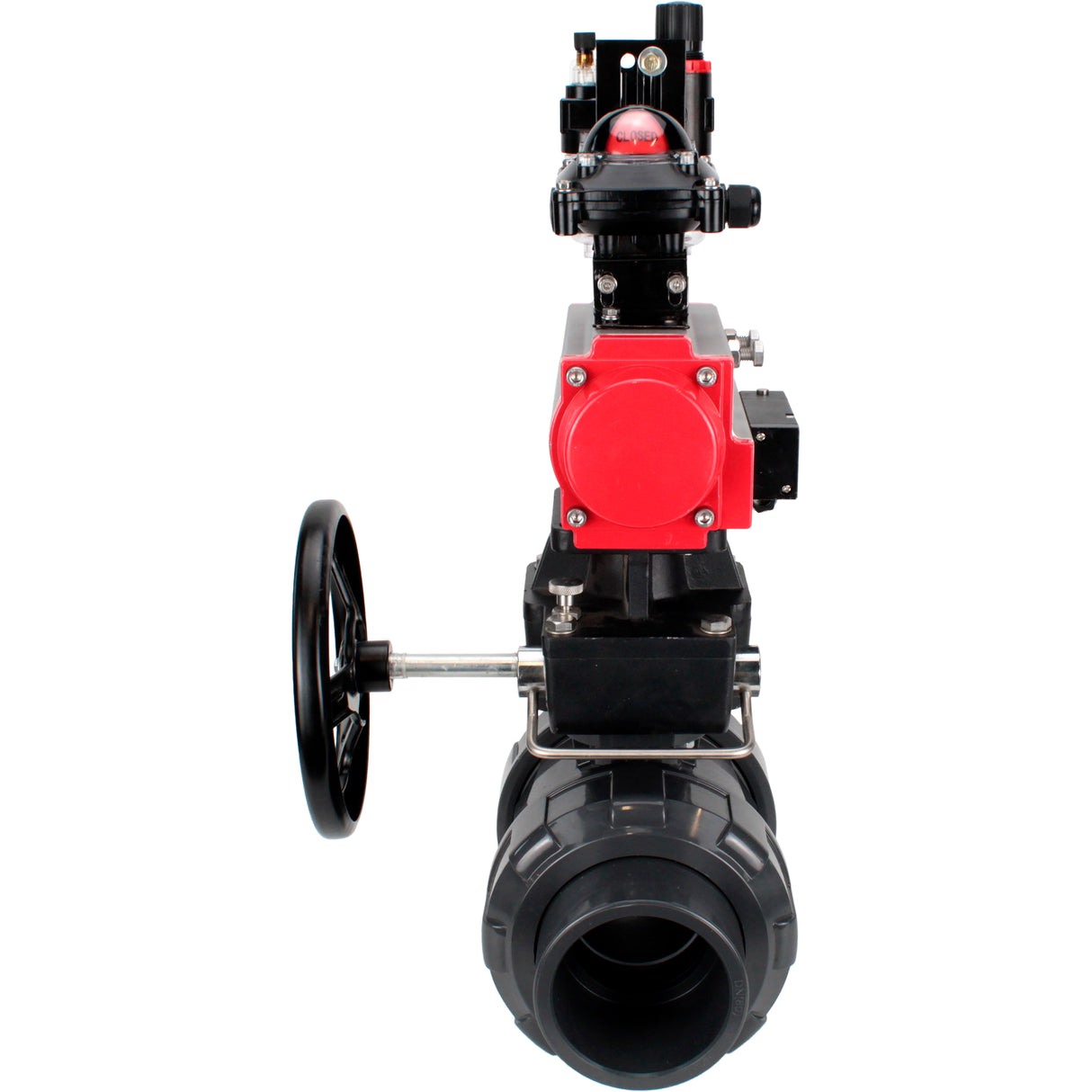 Ball valves Elephant BV4242E-FP-GRM-ISO, body material - UPVC, ball material - UPVC, seal - EPDM, with pneumatic actuator double action PA-DA, pneumatic distributor 4M310-08 24V, LSU APL-210N, ATU AFC2000 and handwheel MON