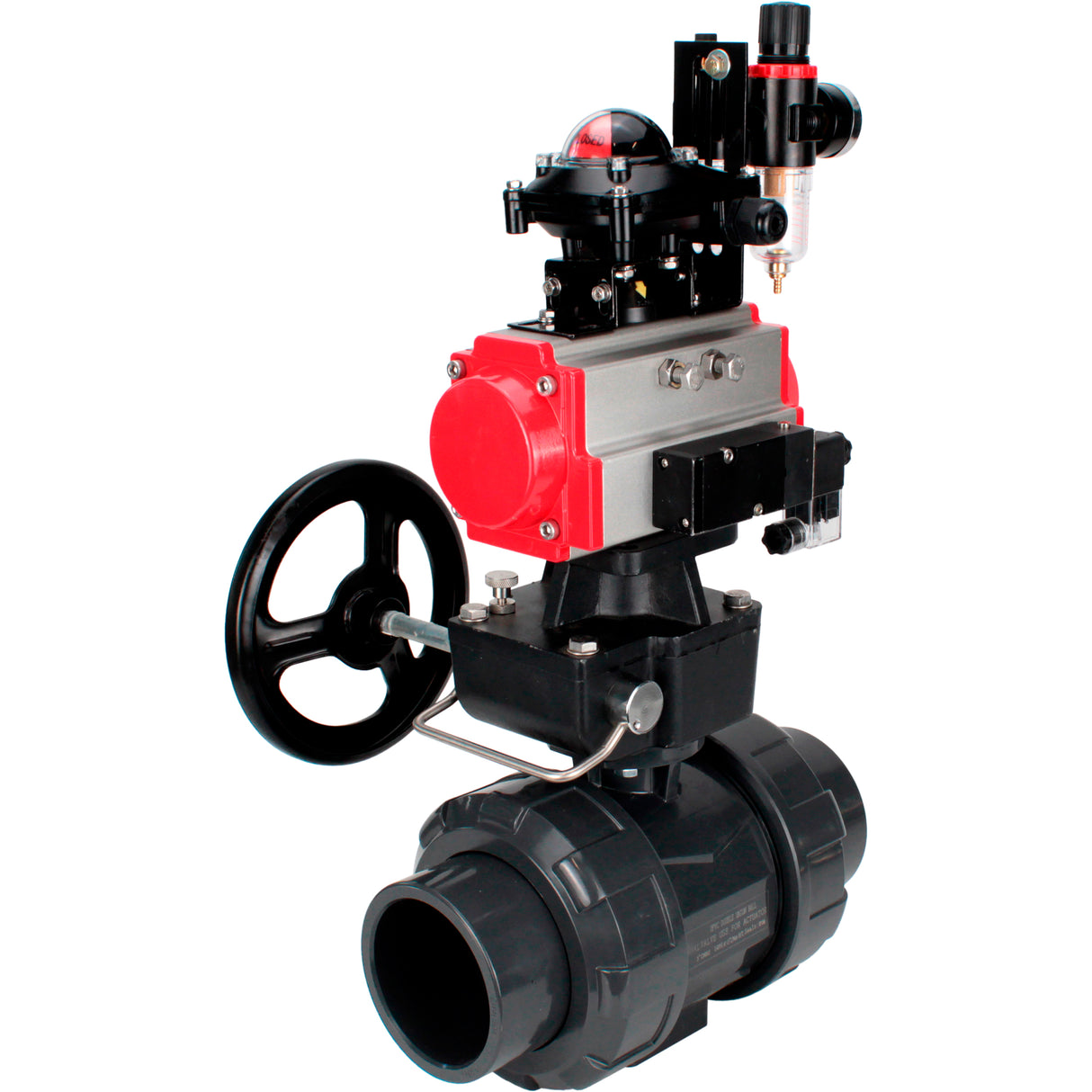 Ball valves Elephant BV4242E-FP-GRM-ISO, body material - UPVC, ball material - UPVC, seal - EPDM, with pneumatic actuator double action PA-DA, pneumatic distributor 4M310-08 24V, LSU APL-210N, ATU AFC2000 and handwheel MON