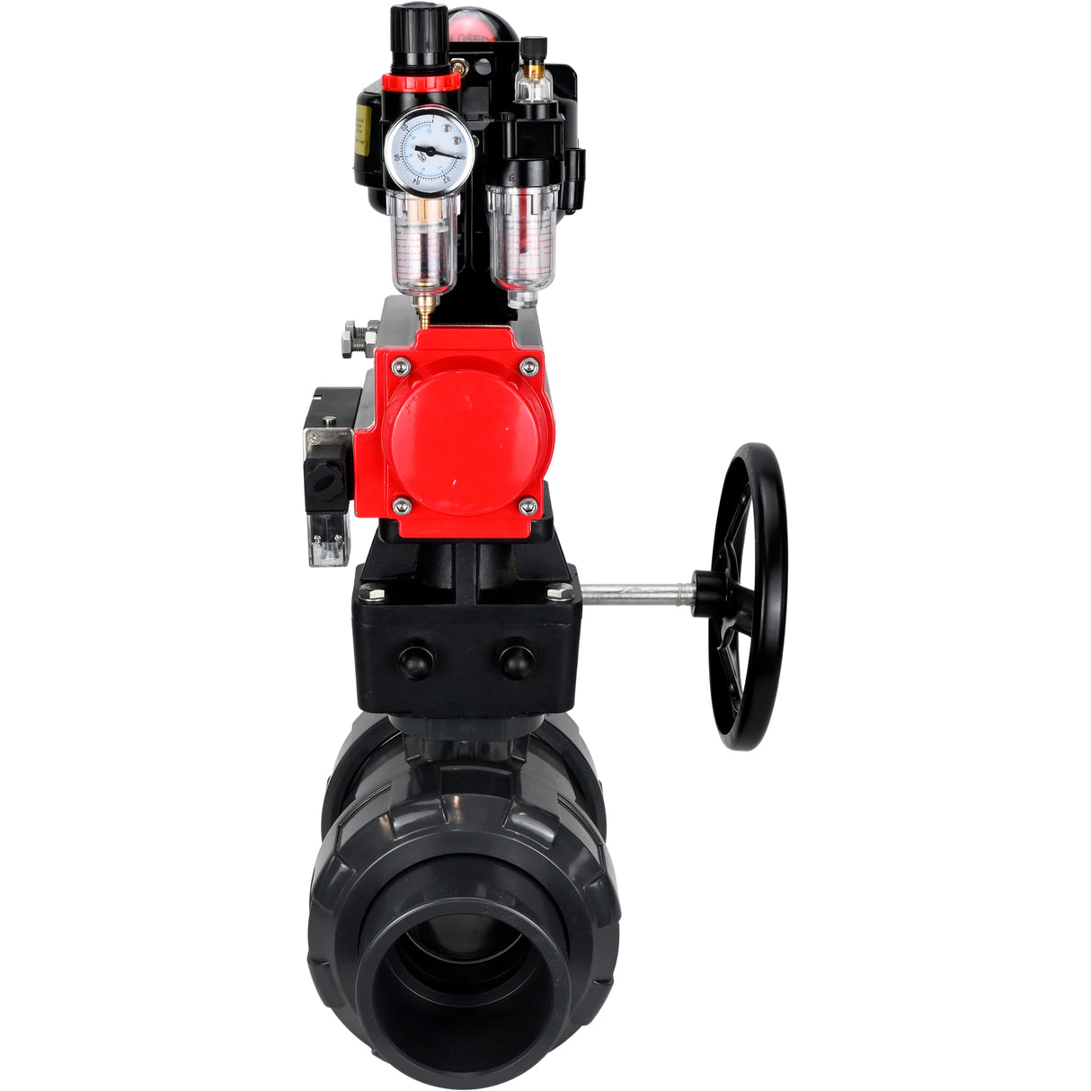 Ball valves Elephant BV4242E-FP-GRM-ISO, body material - UPVC, ball material - UPVC, seal - EPDM, with pneumatic actuator double action PA-DA, pneumatic distributor 4M310-08 24V, LSU APL-510N EX, ATU AFC2000 and handwheel MON