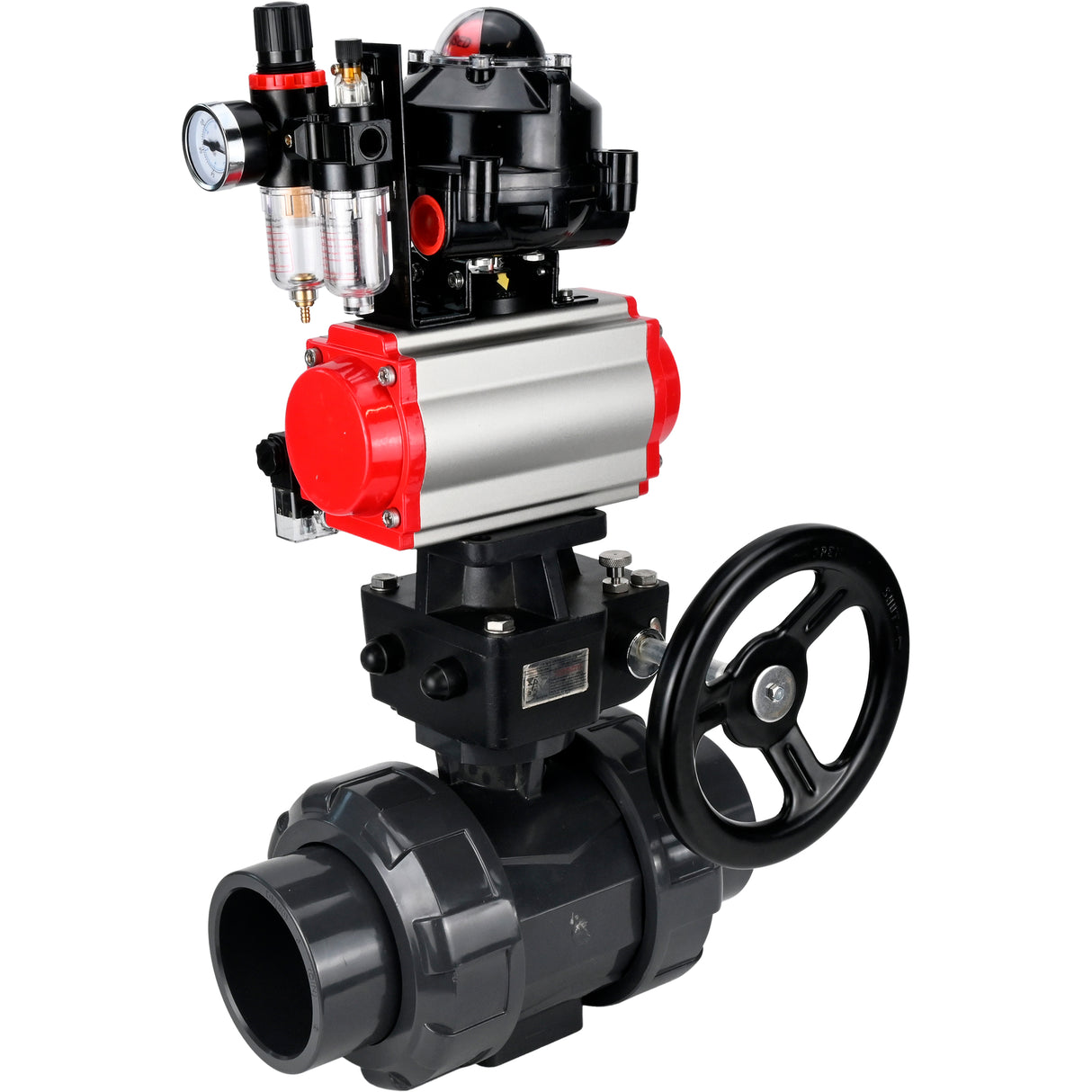 Ball valves Elephant BV4242E-FP-GRM-ISO, body material - UPVC, ball material - UPVC, seal - EPDM, with pneumatic actuator double action PA-DA, pneumatic distributor 4M310-08 24V, LSU APL-510N EX, ATU AFC2000 and handwheel MON