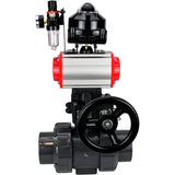 Ball valves Elephant BV4242E-FP-GRM-ISO, body material - UPVC, ball material - UPVC, seal - EPDM, with pneumatic actuator double action PA-DA, pneumatic distributor 4M310-08 24V, LSU APL-510N EX, ATU AFC2000 and handwheel MON
